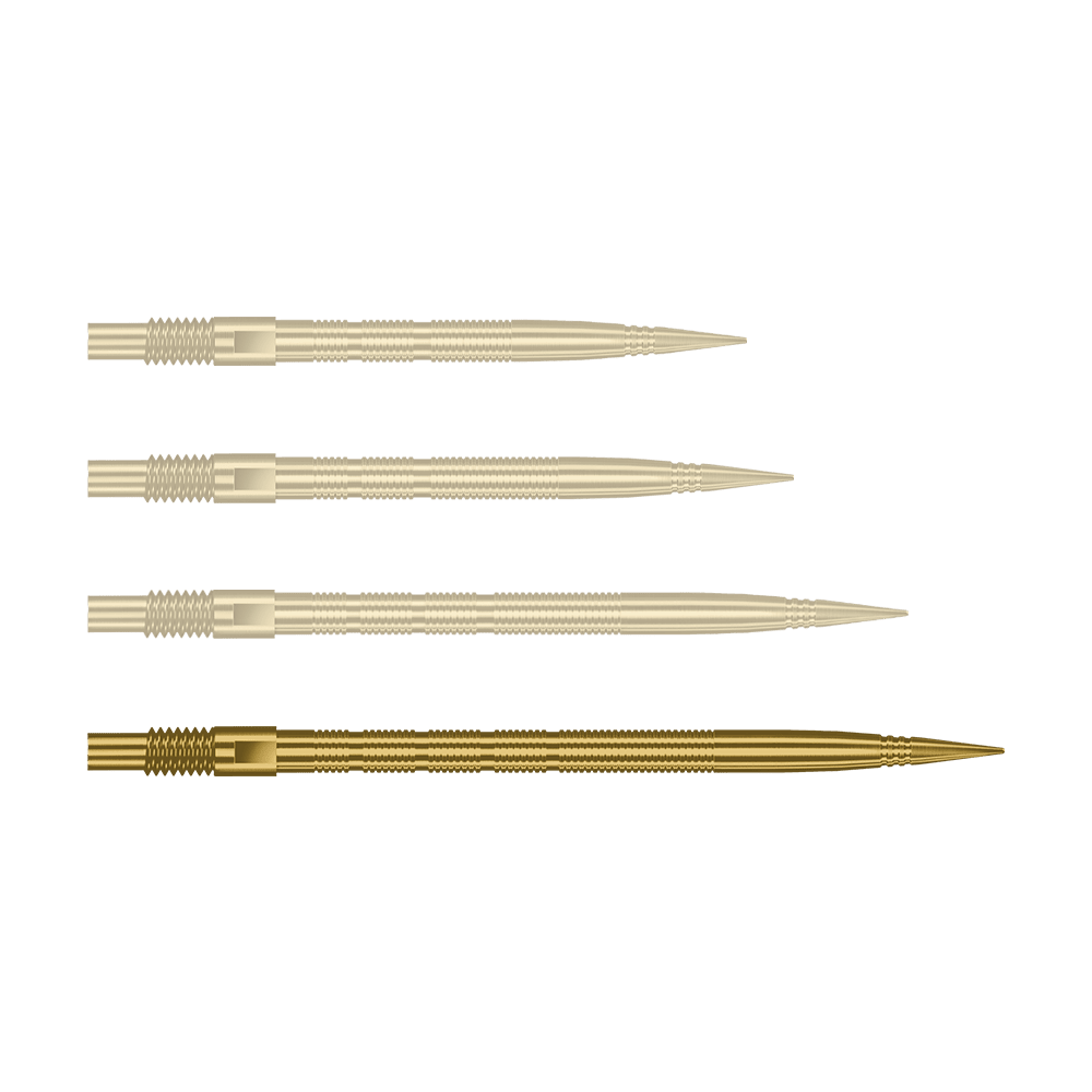 Harrows Quick Point Micro Ridge Dart Tips - Goud Hier sieht man eine einzelne Harrows Quick Point MicroRidge Dartspitze in Gold, 40mm. Sie liegt auf einem hellen Hintergrund.