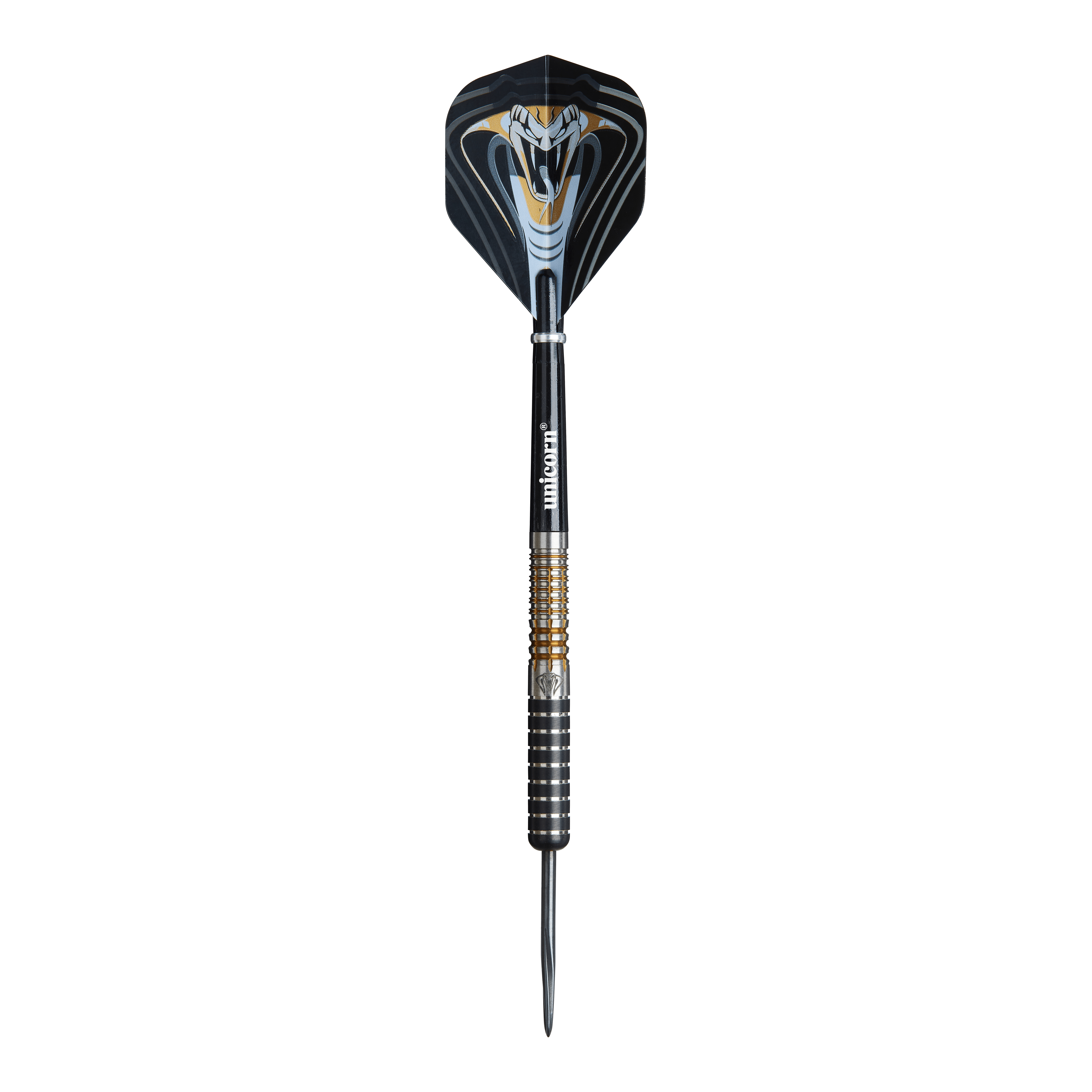Unicorn Maestro Jeffrey De Zwaan Phase 3 stalen dartpijlen Das Bild zeigt einen Unicorn Maestro Jeffrey De Zwaan Phase 3 Steeldart. Der Dart ist schwarz mit silbernen und goldenen Akzenten und zeigt ein auffälliges Schlangendesign auf dem Flight.
