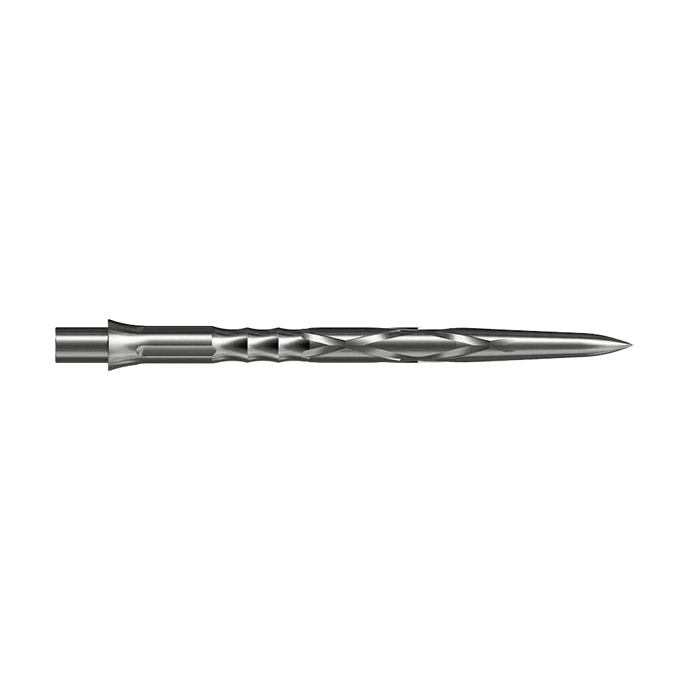 Caliburn System stalen dartpunten - HAN G2 - Zilver Auf dem Bild ist eine silberne Steeldartspitze mit eingedrehtem Muster zu sehen. Sie ist lang und schmal mit einer spitzen Spitze.
