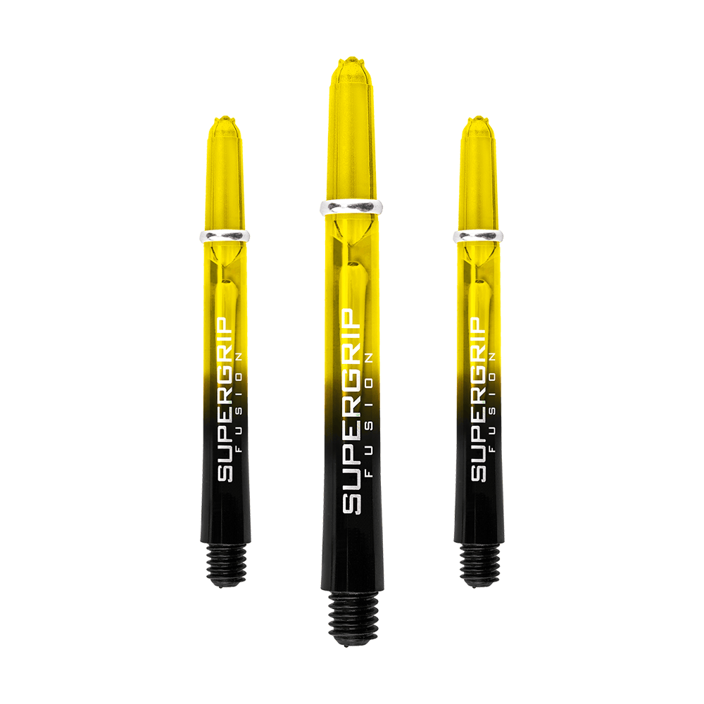 HR350_Harrows_Supergrip_Fusion_Shafts_Gelb_47mm_1Y7TyKh4iC0aVF Das Bild zeigt drei Harrows Supergrip Fusion Shafts in Gelb. Die Shafts sind gelb-schwarz gefärbt und tragen den Aufdruck "SUPERGRIP FUSION".