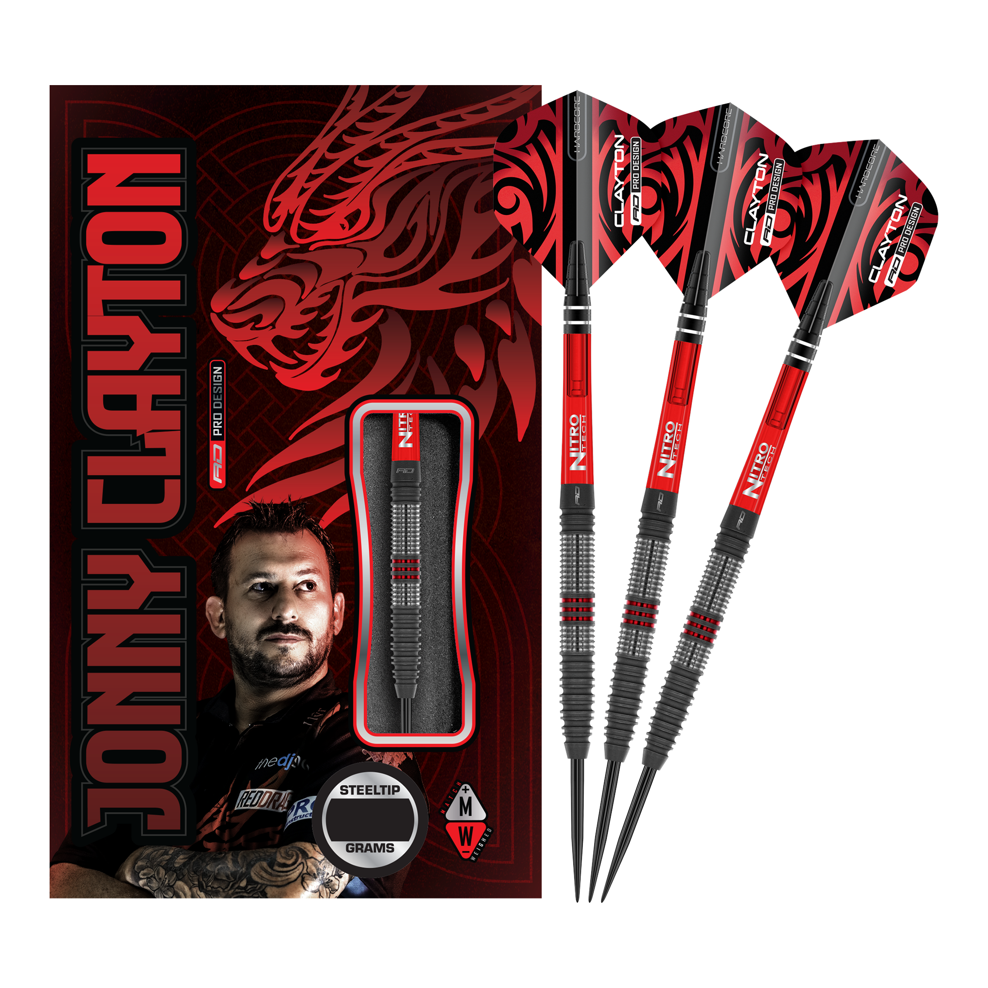 Red Dragon Jonny Clayton Hiraeth stalen dartpijlen Das Bild zeigt das Produkt "Red Dragon Jonny Clayton Hiraeth Steeldarts" mit drei Steeldarts und einer auffälligen Verpackung. Auf der Verpackung sind ein Porträt von Jonny Clayton und ein roter Drachen abgebildet.