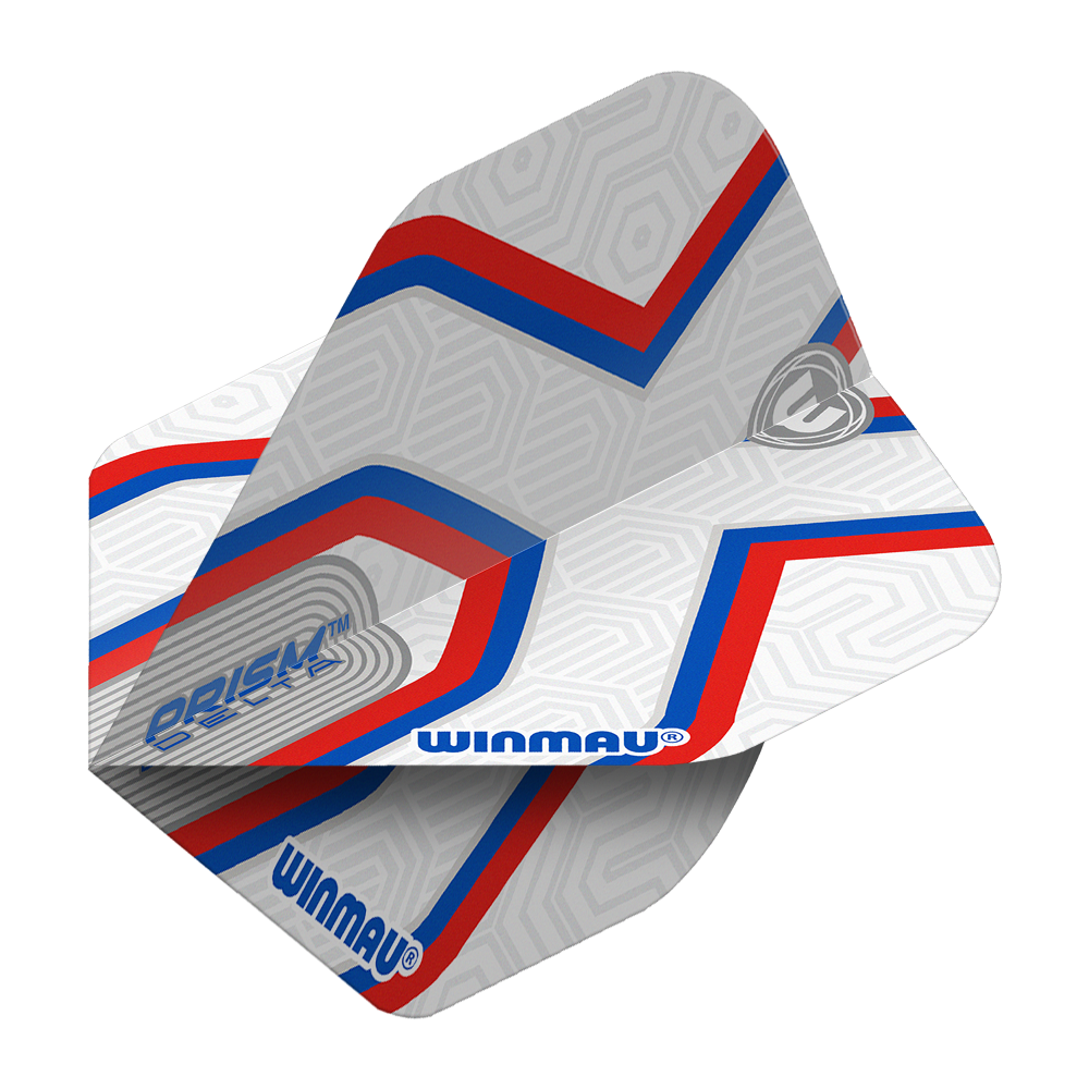 Winmau Prism Delta Epix No2 Standaard Vluchten Das Bild zeigt die Winmau Prism Delta Epix No2 Standard Flights. Die Flights sind hauptsächlich weiß mit roten und blauen Streifen sowie dem Winmau-Logo.