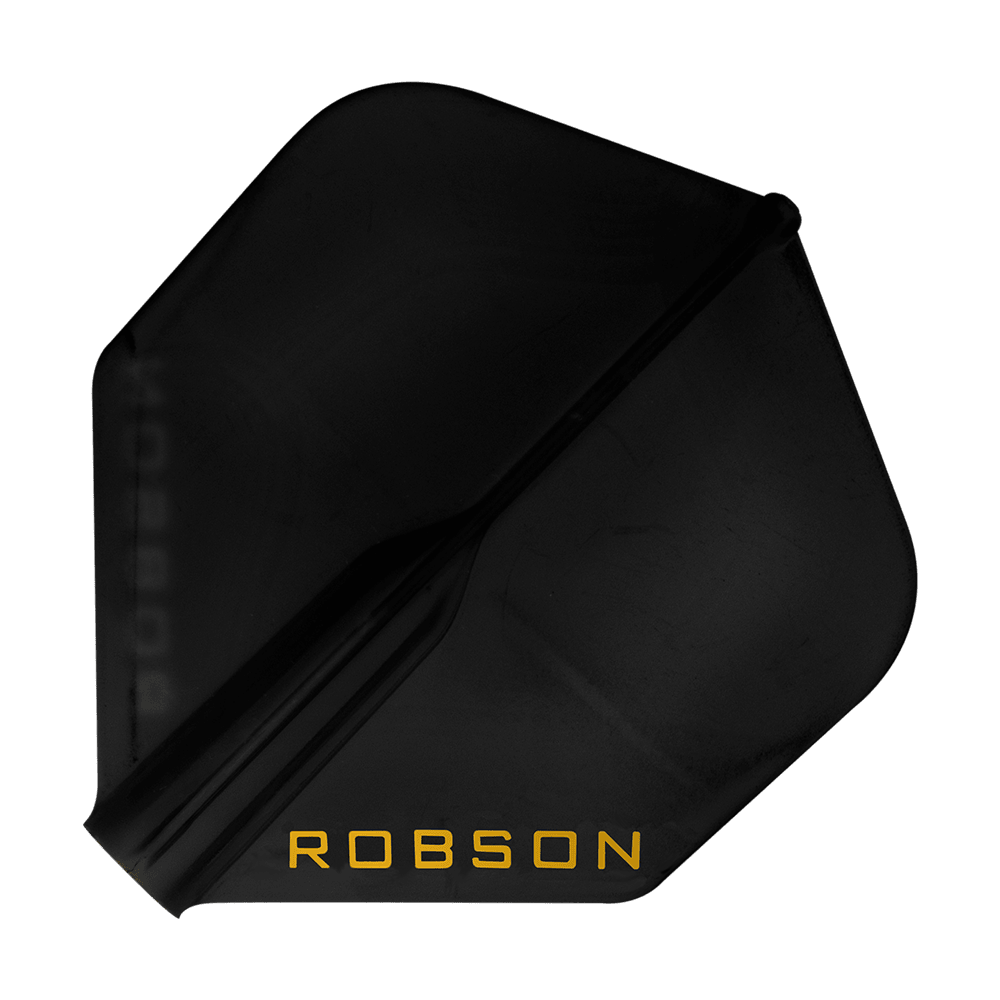 Dies ist ein schwarzes Dartflight mit der Aufschrift "ROBSON" in gelber Farbe. Das Flight hat eine Standardform und wirkt robust.