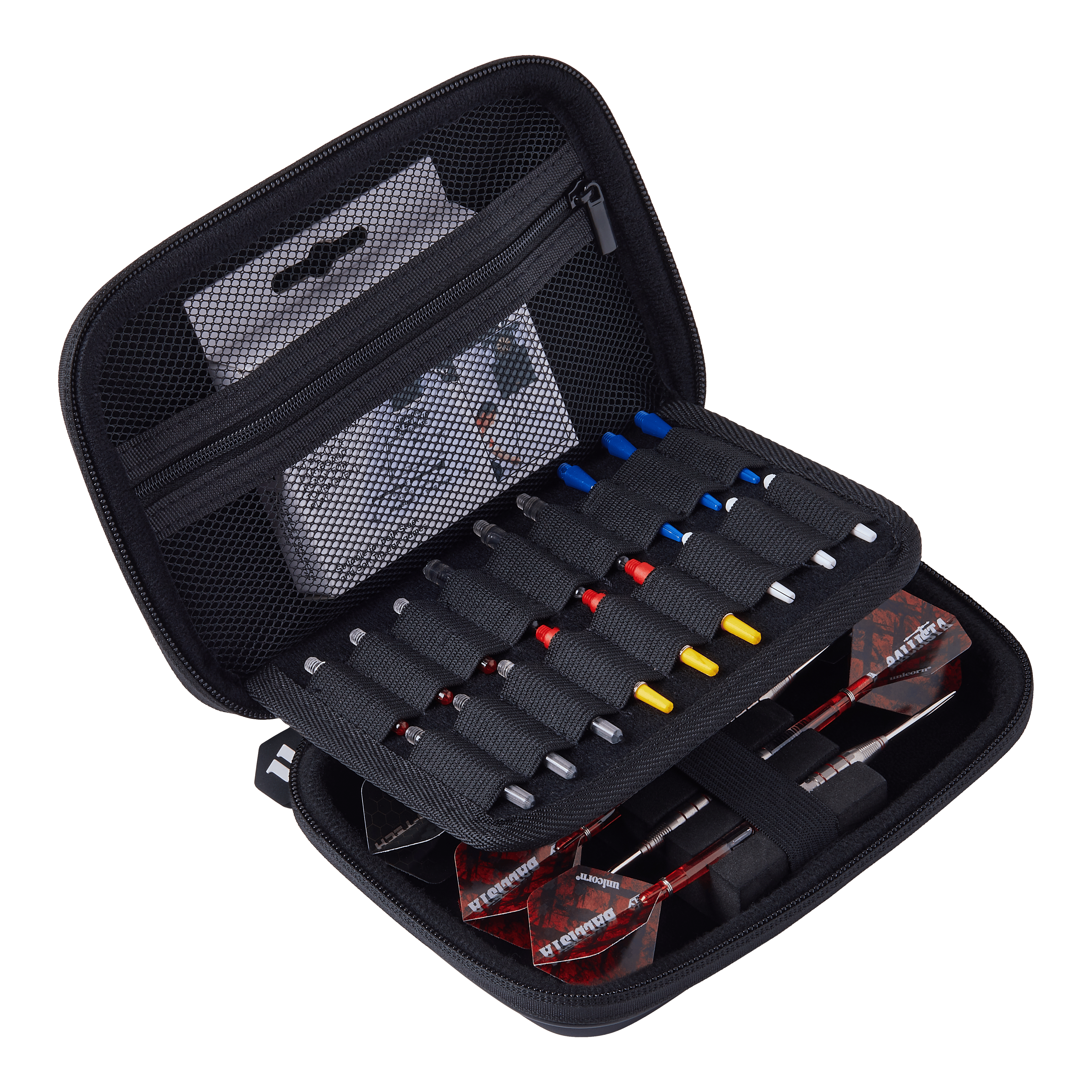 Unicorn Ultra Gary Anderson dart portemonnee Das Bild zeigt das Produkt "Unicorn Ultra Gary Anderson Dartwallet". Das Dartwallet ist offen und enthält mehrere Ersatzteile sowie zwei zusammengebaute Darts.