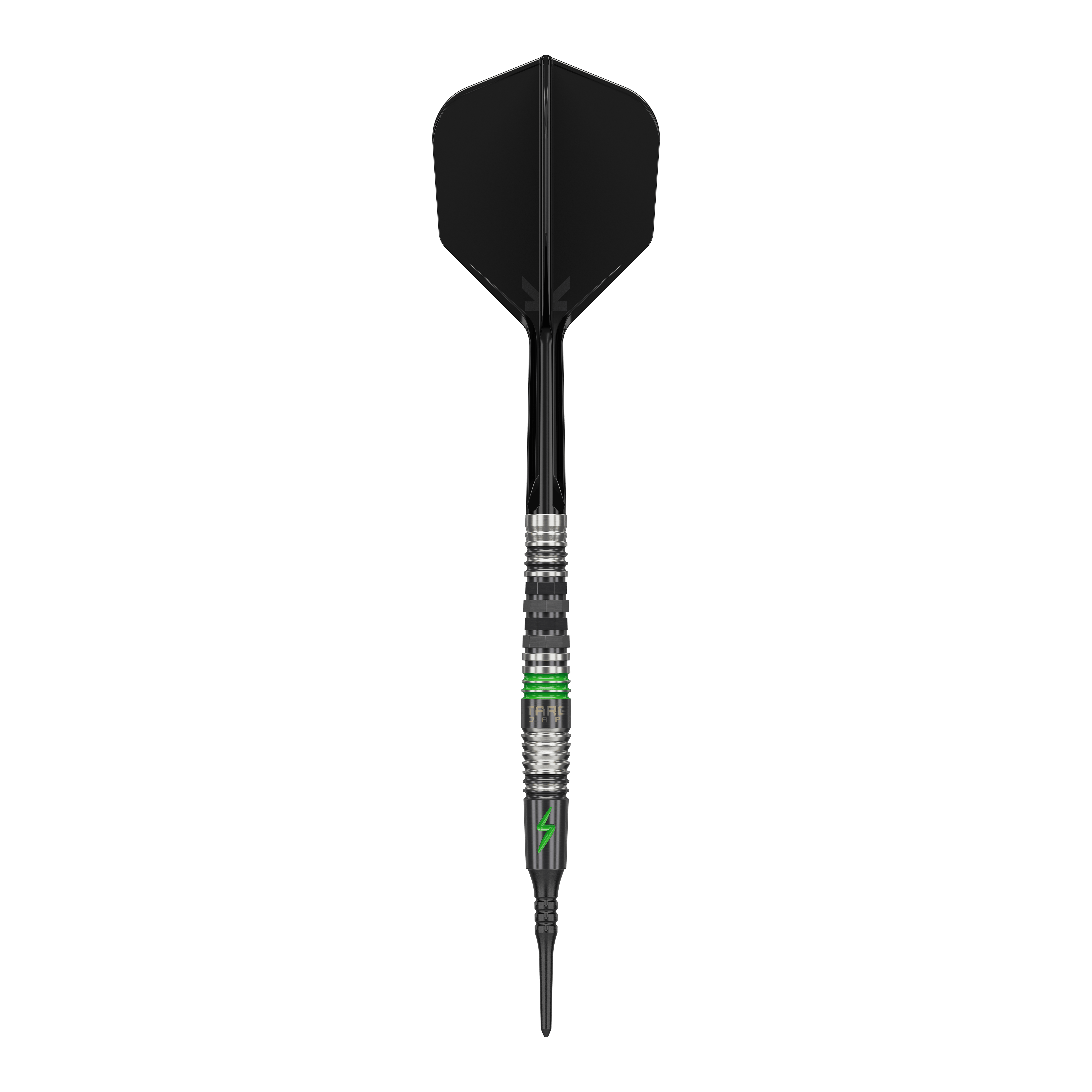 Target Japan Black Marque Lightning 3 zachte darts - 19g Dieses Bild zeigt einen Softdart mit dem Namen "Target Japan Black Marque Lightning 3" mit einem Gewicht von 19g. Der Dart ist überwiegend schwarz mit silbernen und grünen Akzenten gestaltet.