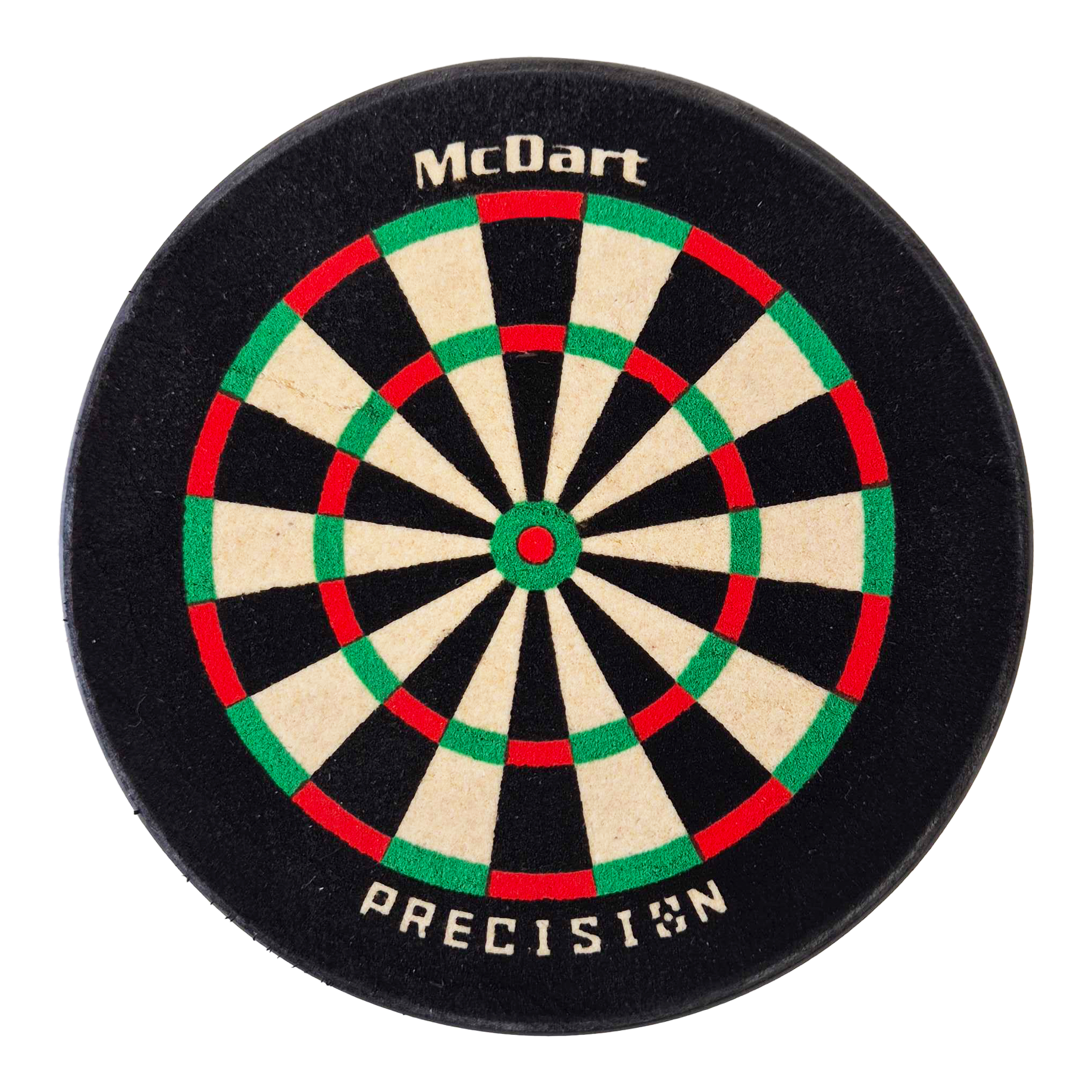McDart Precision Mini Dartboard Darthalter Das Bild zeigt eine kleine, runde Dartscheibe mit der Aufschrift „McDart“ und „PRECISION“. Die Scheibe hat die klassischen Farben Weiß, Schwarz, Rot und Grün.