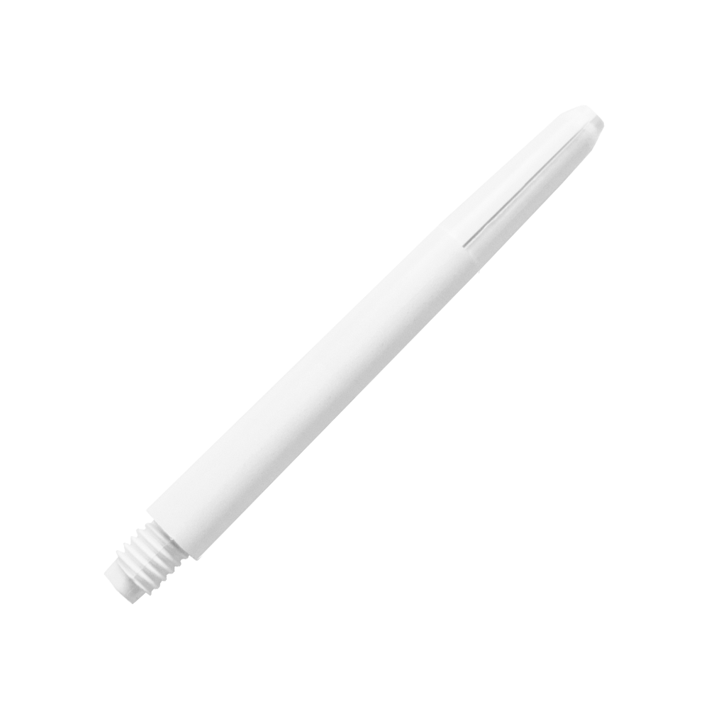 583_Nylon_Shafts_Schneeweiss_48mm_2IoLw3kXGA4734 Das Bild zeigt einen weißen Nylon-Schaft mit Gewinde am Ende. Der Schaft ist schlank und hat eine glatte Oberfläche.
