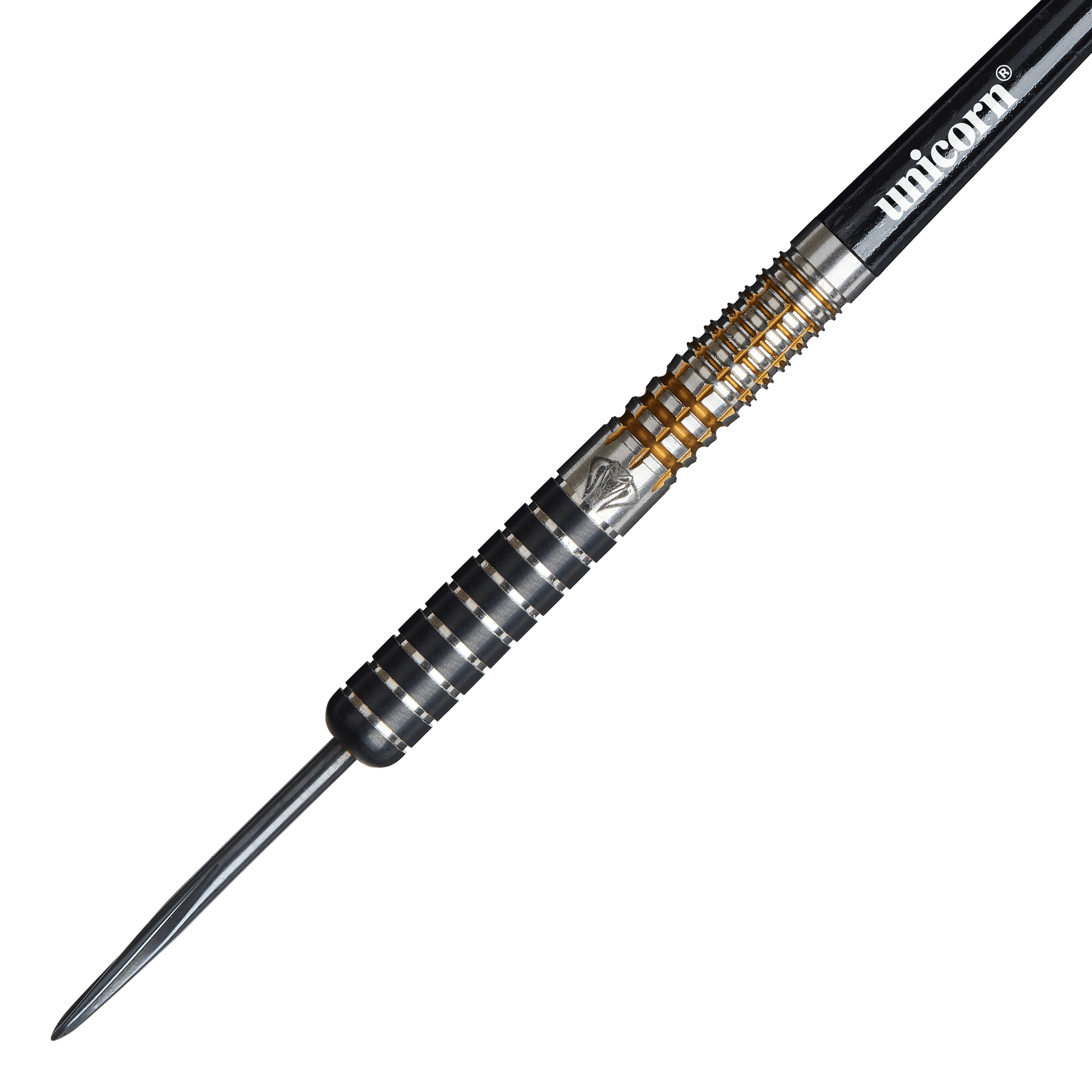 Unicorn Maestro Jeffrey De Zwaan Phase 3 stalen dartpijlen Das Bild zeigt einen Unicorn Maestro Jeffrey De Zwaan Phase 3 Steeldart. Der Dart hat ein silber-schwarzes Design mit goldenen Akzenten und der Aufschrift "unicorn" auf dem Schaft.