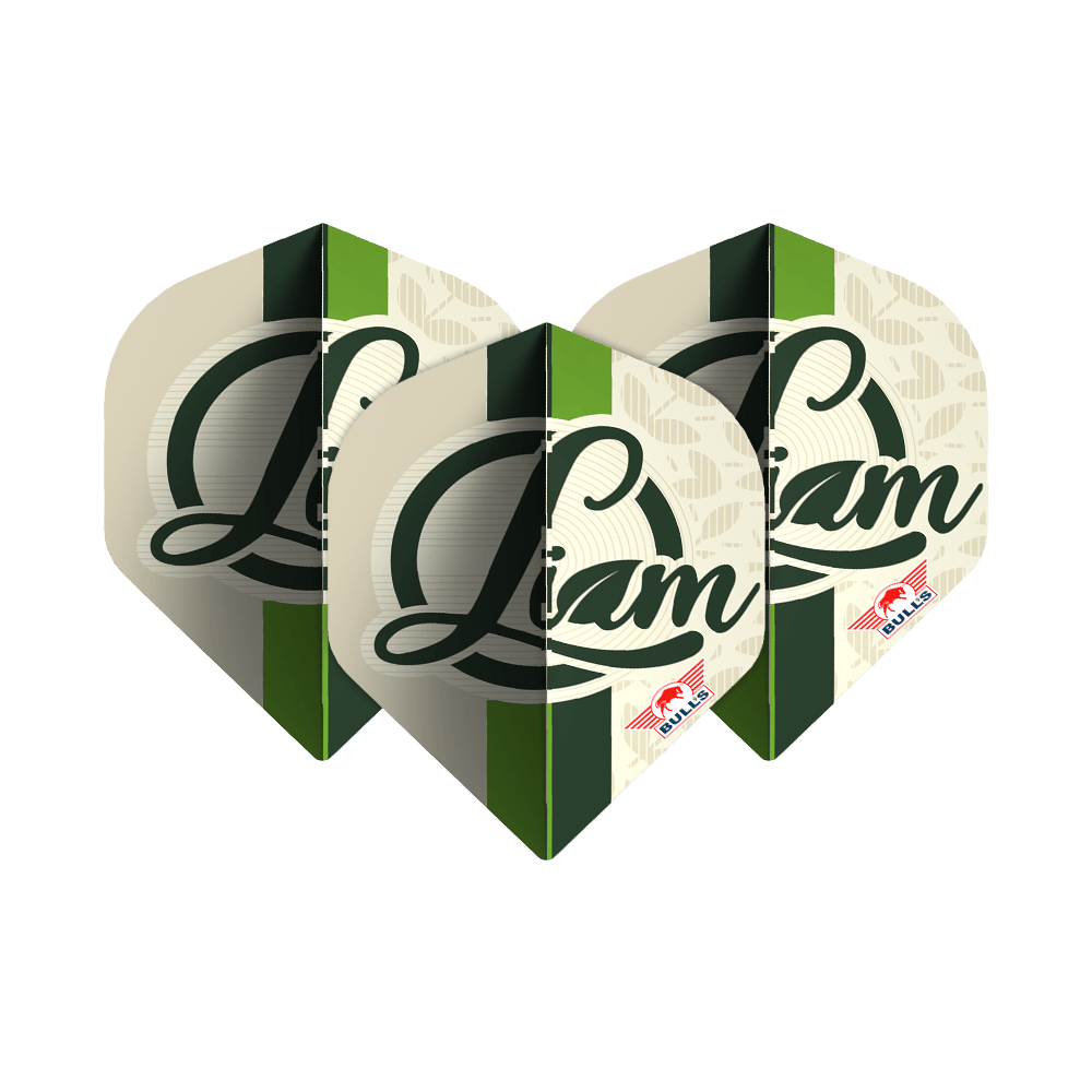 Bulls NL-speler 100 Liam Maendl Lawrance No2 Standaardvluchten Das Bild zeigt drei Dart-Flights mit dem Namen "Liam" in grüner Schrift darauf. Unten rechts befindet sich das rote Bulls NL Logo.