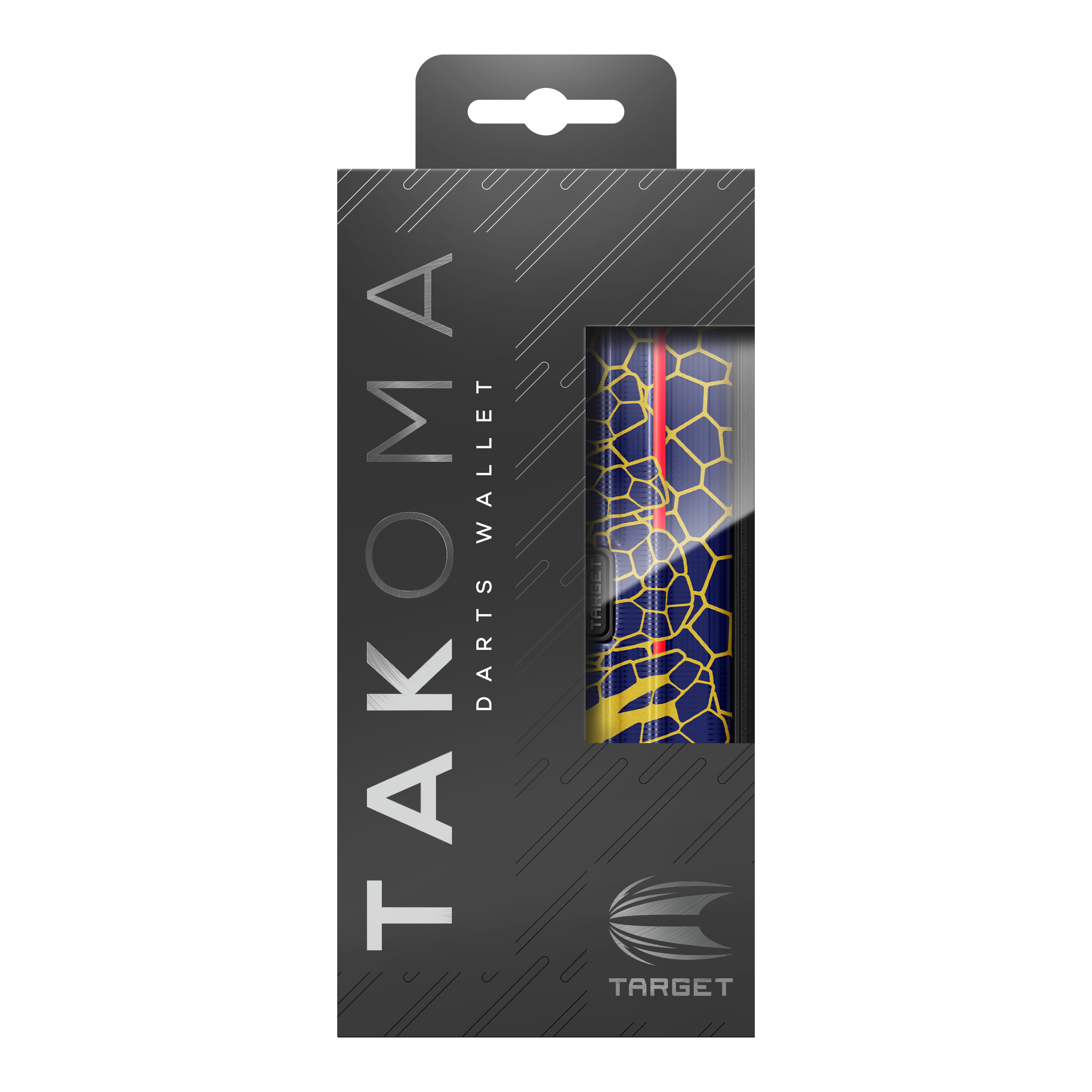 Target Takoma Josh Rock dartkoffer Dies ist das Target Takoma Josh Rock Dartcase in einer eleganten schwarzen Verpackung. Durch das Sichtfenster sieht man das Design des Dartcases mit einem blauen und gelben Wabenmuster.