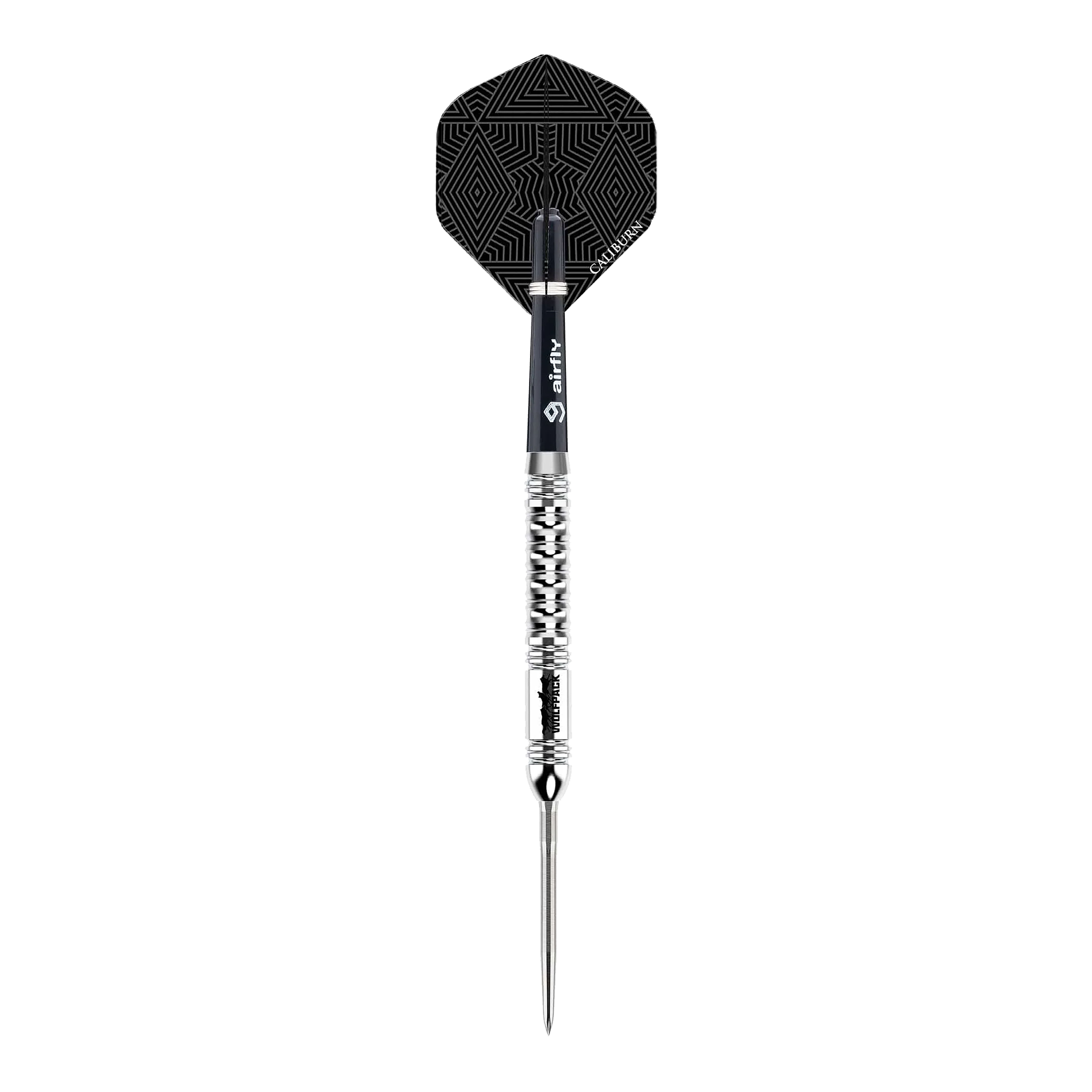 Caliburn Wolfpack W1 Steeldarts - 23,5g Der Caliburn Wolfpack W1 Steeldart wiegt 23,5 Gramm und hat ein auffälliges silbernes Design mit strukturiertem Griff. Die Flights sind schwarz mit einem geometrischen Muster versehen.