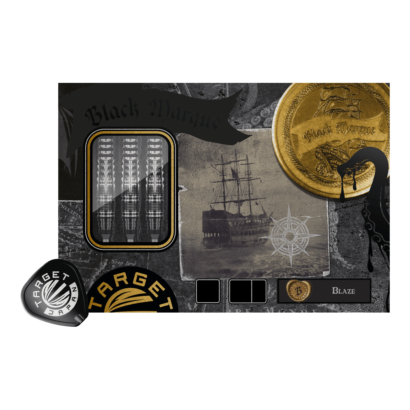 Target Japan Black Marque Blaze Swiss Point stalen dartpijlen - 23 g Das Bild zeigt die Target Japan Black Marque Blaze Swiss Point Steeldarts - 23g. Die Darts sind für das Steeldart-Spiel konzipiert und haben ein elegantes, schwarzes Design.