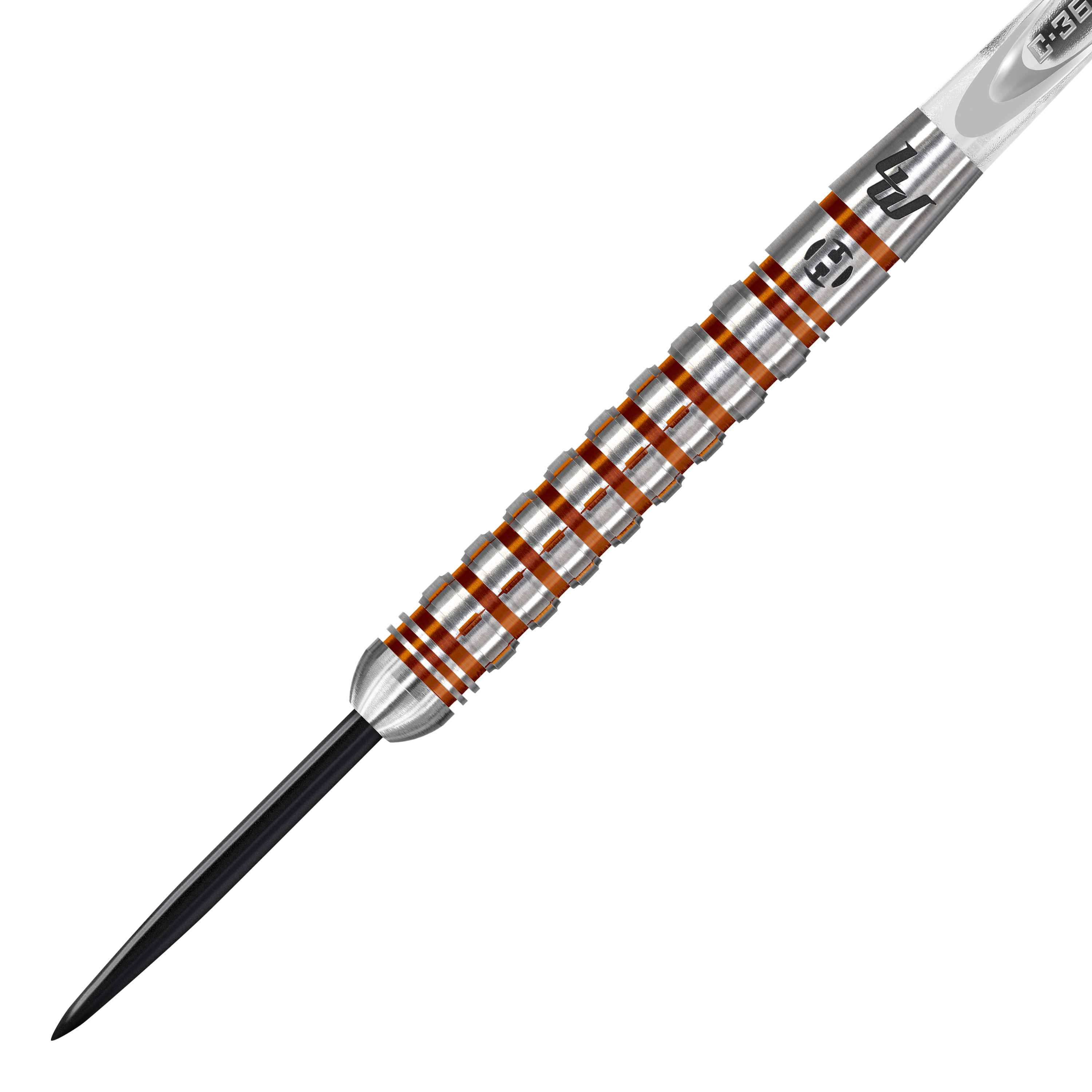 Luke Woodhouse Series 2 stalen darts van Harrow Das Bild zeigt einen Harrows Luke Woodhouse Series 2 Steeldart. Der Dartpfeil hat ein silbernes Griffstück mit orangenen Rillen und eine schwarze Spitze.