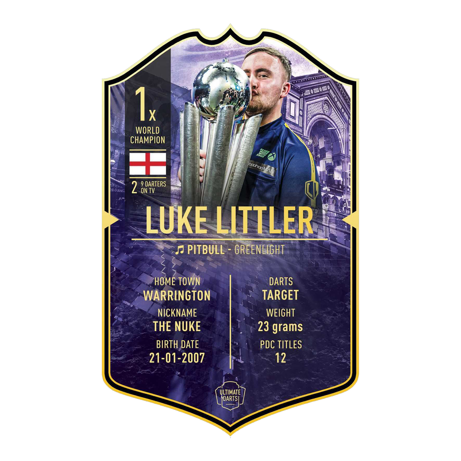 Ultieme Dartskaart - Luke Littler Wereldkampioen 2025 Die Abbildung zeigt die „Ultimate Darts Card - Luke Littler World Champion“. Auf der Karte ist Luke Littler mit seiner Trophäe sowie wichtige Informationen über ihn abgebildet.