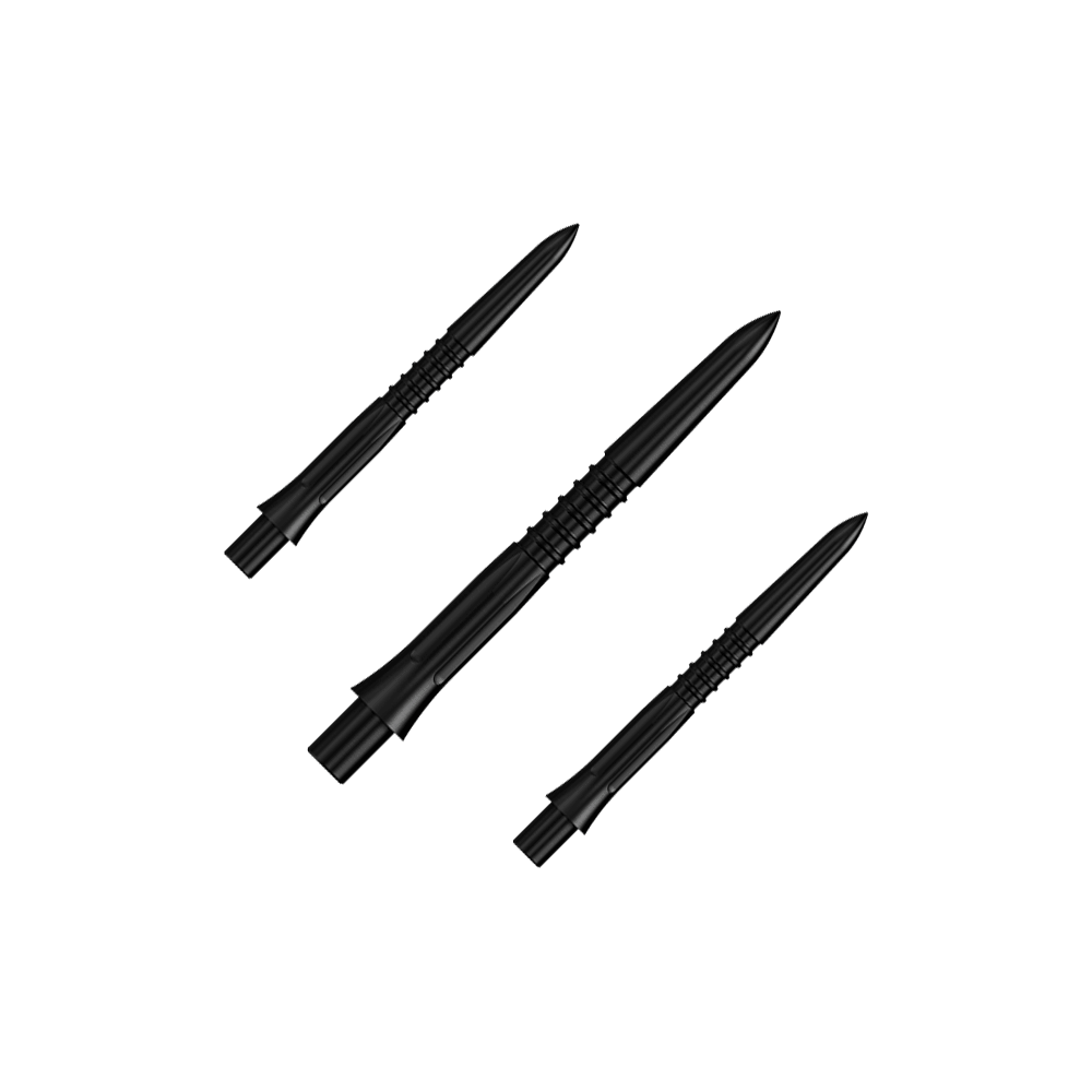 Mission Caliburn EVO Dart Tips GV1 - Zwart Ein Set von schwarzen Steeldartspitzen mit 26 mm Länge. Auf dem Bild sieht man mehrere Spitzen aus der Misson Caliburn EVO GV1 Reihe.