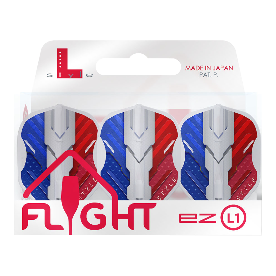 L-Style V-Serie V1 Type B Frankrijk Helder Wit L1EZ Vluchten Das Bild zeigt eine Packung L-Style V-Series V1 Type B France Clear White L1EZ Flights. Die Flights sind in den Farben Blau, Weiß und Rot gestaltet und werden in Japan hergestellt.