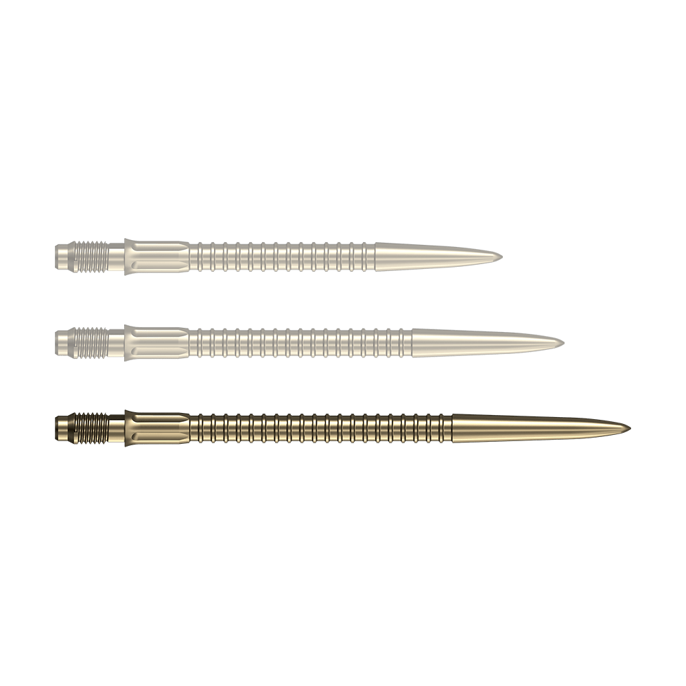 Zu sehen ist eine einzelne goldene Dartspitze der Serie Mission R25 Rapid Point mit 40mm Länge. Die Spitze ist für den Einsatz beim Dartspiel geeignet.