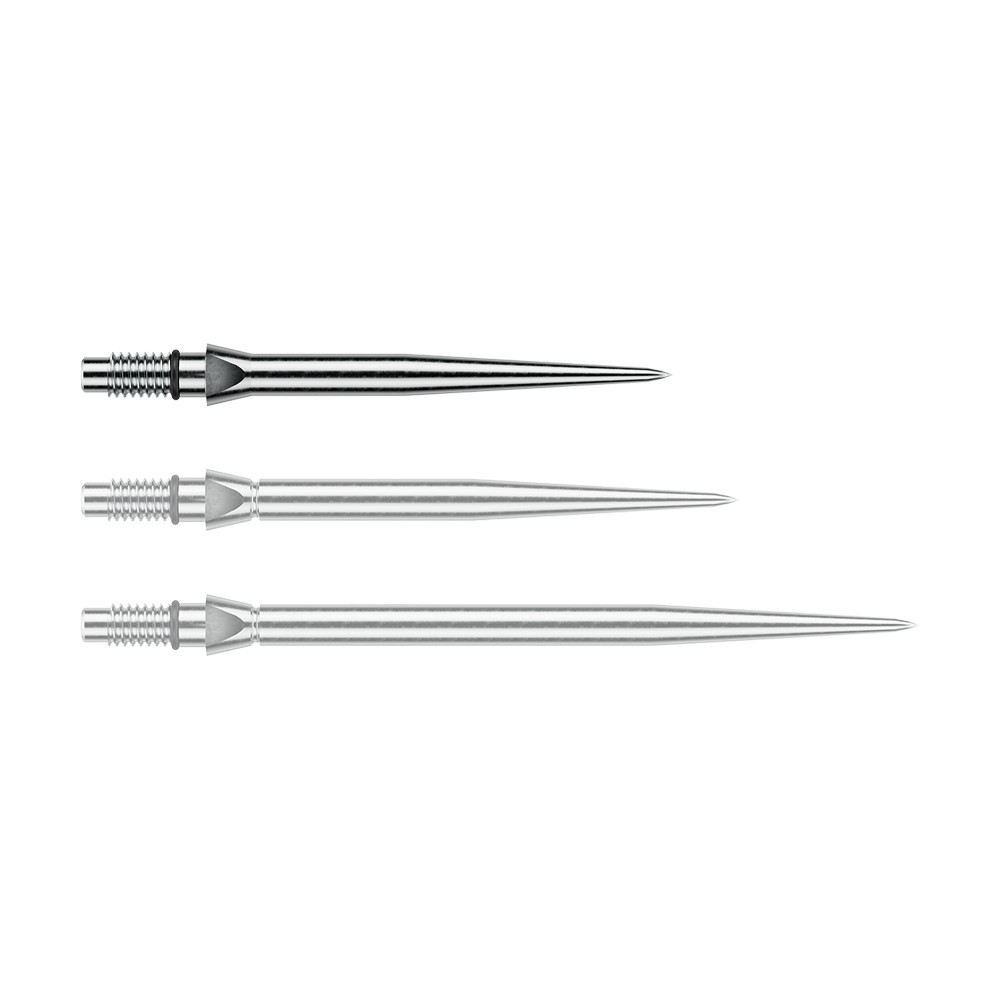Winmau Switch Point gladde stalen dartpunten - zilverkleurig effect Das Bild zeigt eine silberne Steeldartspitze mit glattem Design. Die Länge beträgt vermutlich 26 mm.