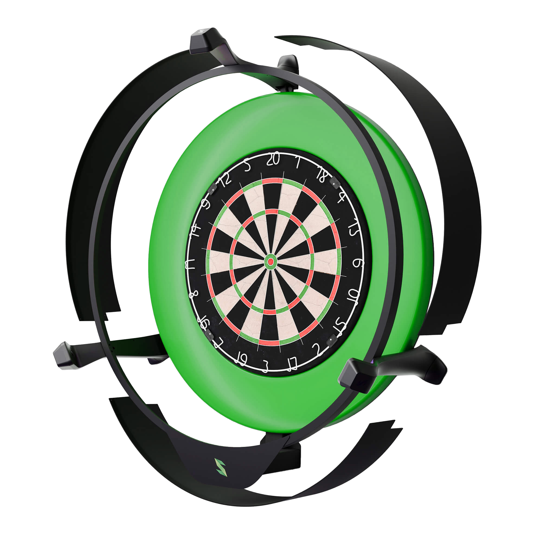 Scolia Home 2 Elektronisch Autoscoring Systeem met Verlichtingsring 2026 Das Bild zeigt das Produkt "Scolia Home 2 Electronic Score System mit Beleuchtungsring". Es handelt sich um ein elektronisches Punktesystem für Dartboards, das von einem grünen Beleuchtungsring umgeben ist.