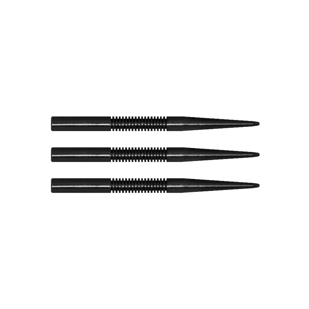 MCD15_McDart_Black_Ghost_Steeldartspitzen_32mm_1 Das Bild zeigt drei schwarze Steeldartspitzen der Marke McDart Black Ghost. Die Spitzen sind gerade und haben eine gerillte Oberfläche für besseren Halt.