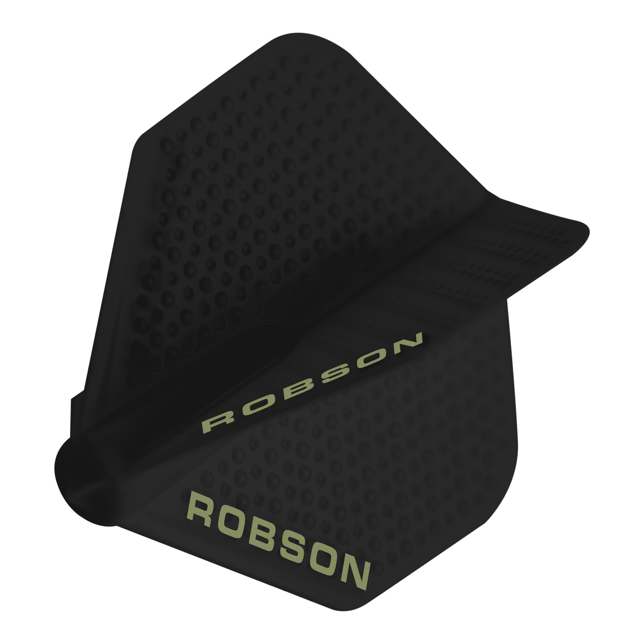 Robson Plus Dimple Flights - Zwart Dies ist ein schwarzer Dartflight mit einer Dimple-Oberfläche. Auf dem Flight steht der Schriftzug „ROBSON“ in heller Farbe.