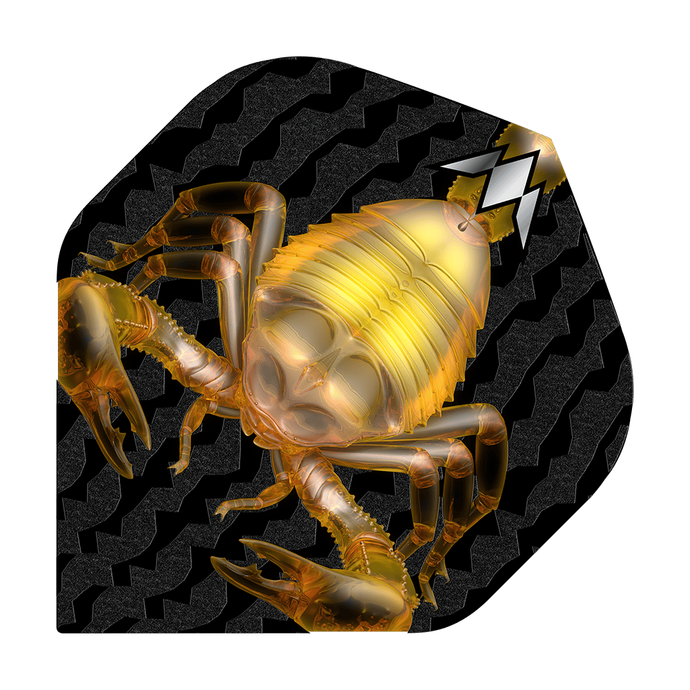Mission Solo Scorpion No2 Standaardvluchten Das Bild zeigt das Produkt "Mission Solo Scorpion No2 Standard Flights" mit einer goldenen Skorpion-Grafik. Der Hintergrund ist schwarz mit einem wellenförmigen Muster.
