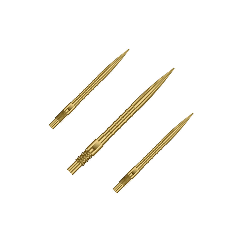 Abgebildet sind goldene Dartspitzen mit 26mm Länge, dargestellt als ein Set. Es handelt sich um Harrows Quick Point Heavy Metal Grip Dartspitzen Gold 26mm im Set.