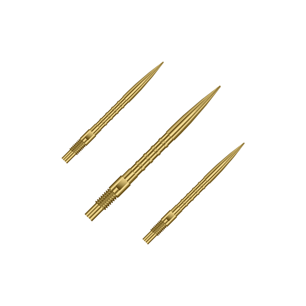 Harrows Quick Point Heavy Metal Dartpunten - Goud Abgebildet sind goldene Dartspitzen mit 26mm Länge, dargestellt als ein Set. Es handelt sich um Harrows Quick Point Heavy Metal Grip Dartspitzen Gold 26mm im Set.