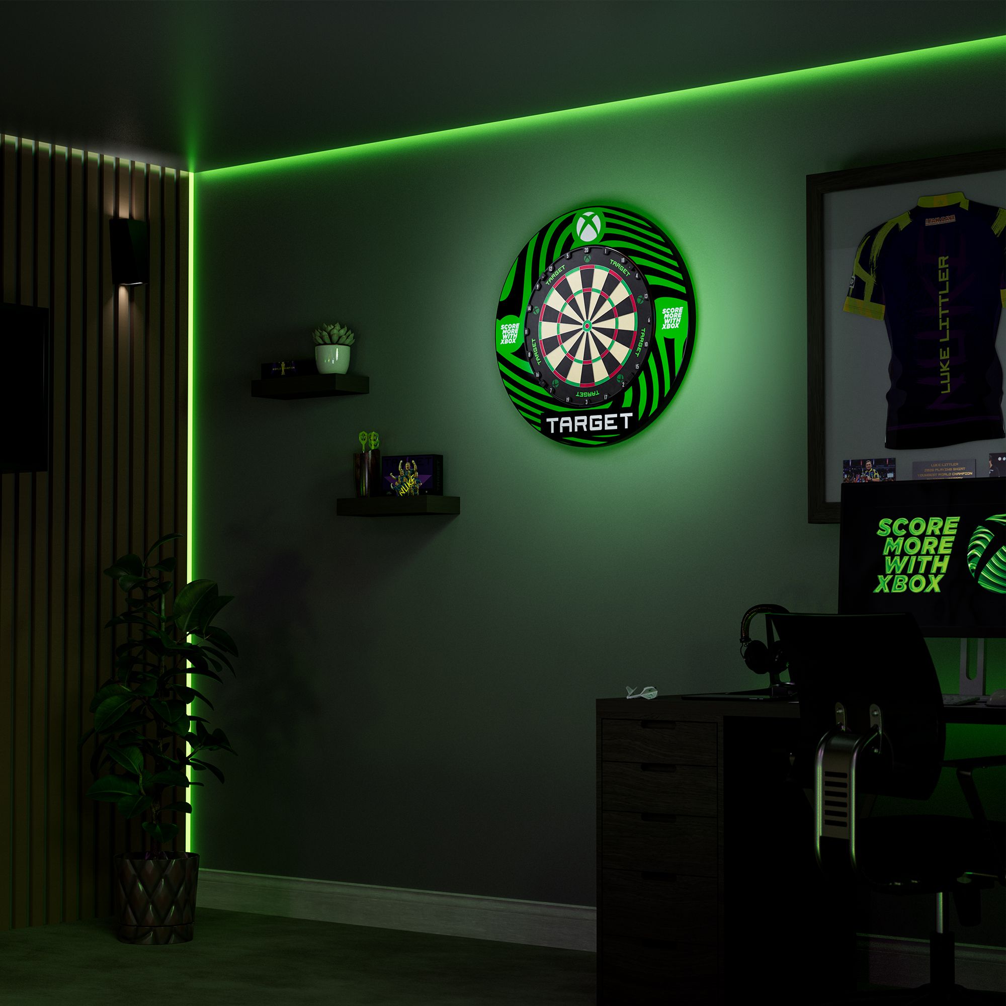 Target Xbox Dartboard Surround-bundel Das Bild zeigt das Target Xbox Dartboard Surround Bundle. Dieses Produkt ist ein Bundle für Dartspieler.