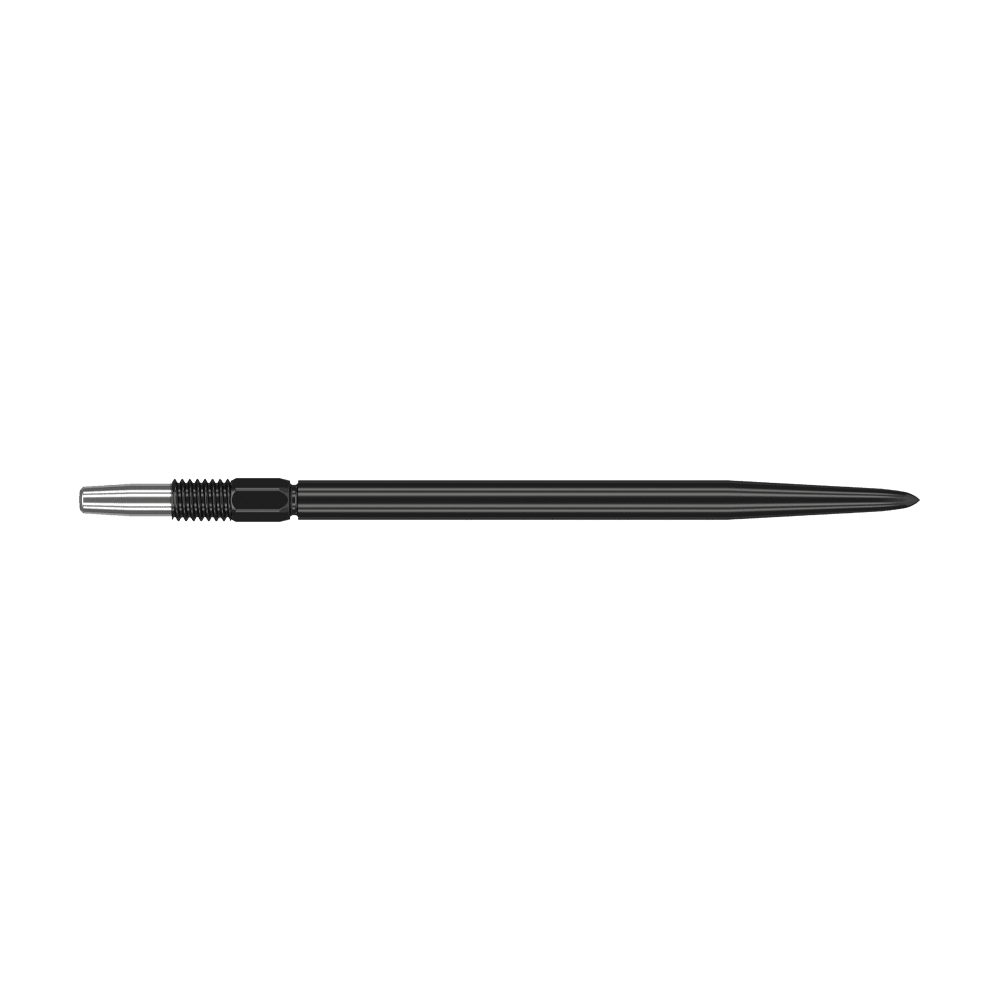 Target Swiss Point Black dartpunten Auf dem Bild ist eine schwarze Dartspitze mit silbernem Gewinde zu sehen. Sie ist lang und schmal und misst 40 mm.