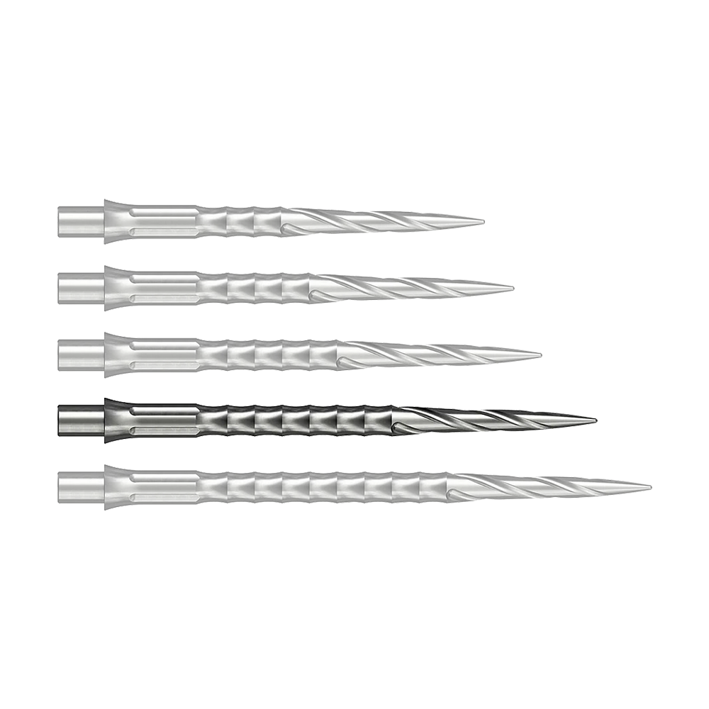 Dieses Bild zeigt eine silberne Steeldartspitze mit einer Länge von 36 mm. Die Spitze gehört zum Caliburn Evo System und ist vom Typ Spiro NoLip.
