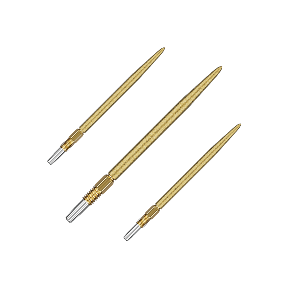 Target Swiss Point SLK darttips - goud Das Bild zeigt drei goldene Dartspitzen mit silbernem Gewinde am Ende. Sie sind in einer diagonalen Anordnung auf grünem Hintergrund dargestellt.