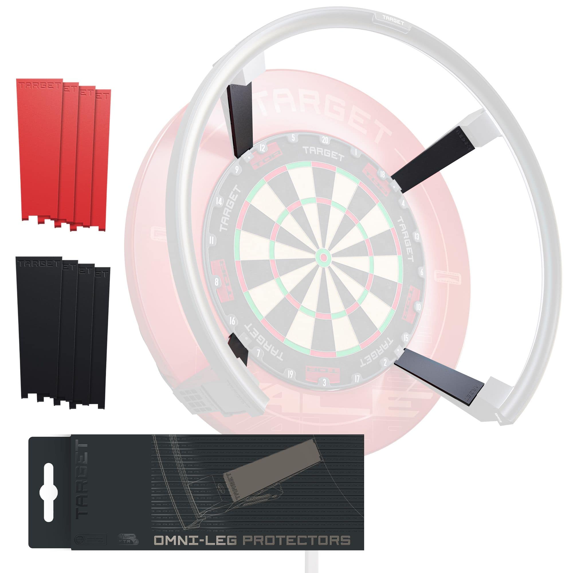 Target OMNI Beenbeschermers Target OMNI Leg Protectors sind auf diesem Bild zu sehen. Sie bieten Schutz für die Beine beim Dartspielen.