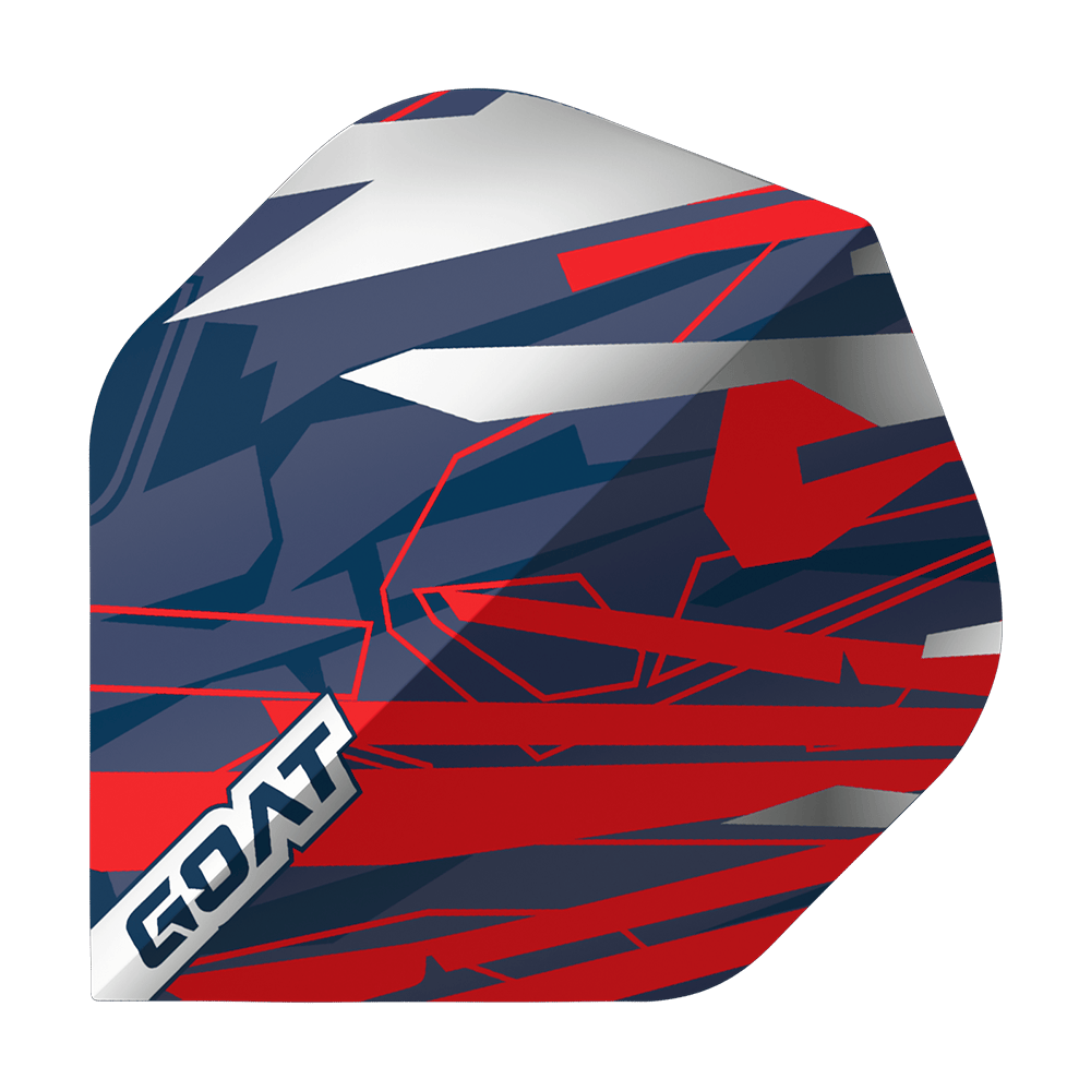 GOAT Homerun No2 Standaardvluchten Das Bild zeigt das Produkt "GOAT Homerun No2 Standard Flights". Es hat ein auffälliges Design in den Farben Blau, Rot, Weiß und Silber mit geometrischen Mustern und dem Schriftzug "GOAT" in einer Ecke.