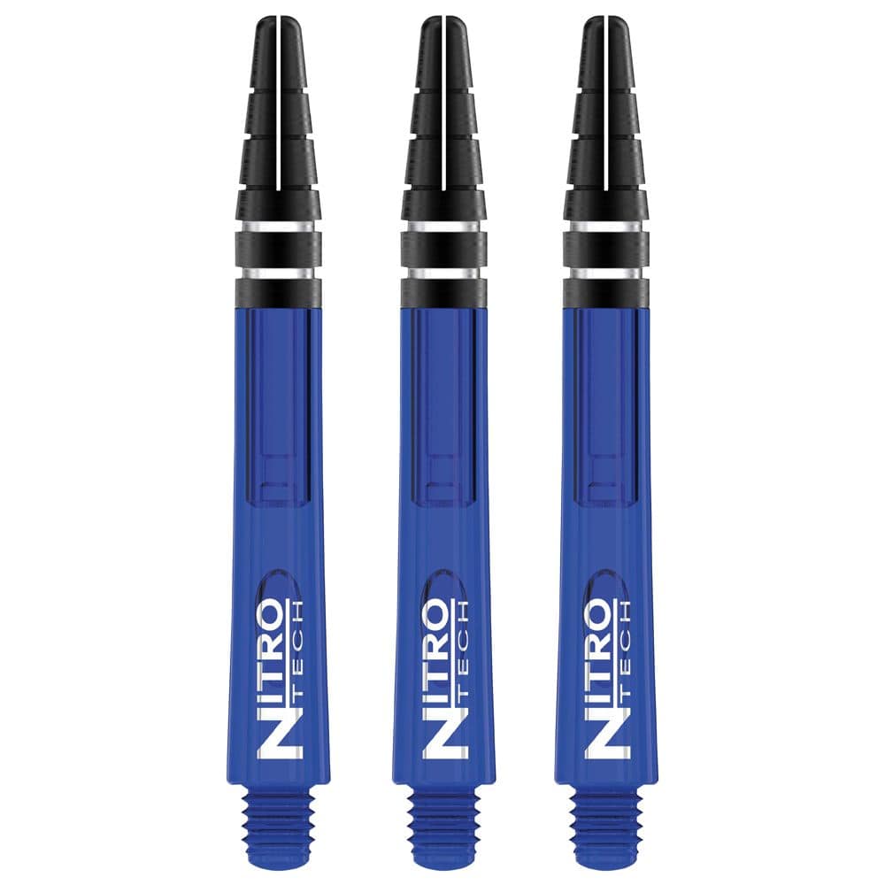 Das Bild zeigt drei blaue RedDragon Nitrotech Shafts. Die Shafts haben schwarze und silberne Akzente und sind für Darts gedacht.