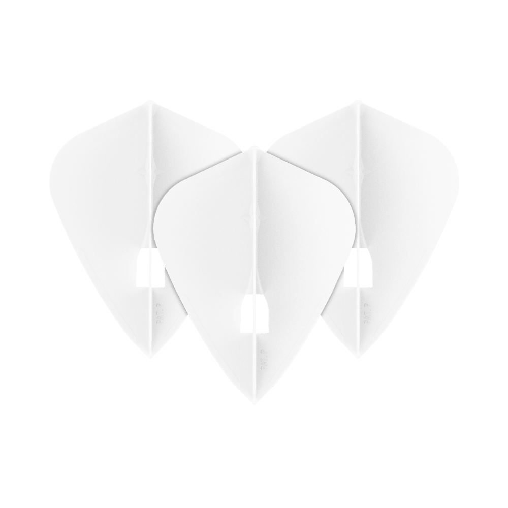 L-Style Champagne L4PRO Kite Flights Auf dem Bild sind drei weiße Dartflights in einer Drachenform zu sehen. Sie sind nebeneinander angeordnet und bilden ein Set.