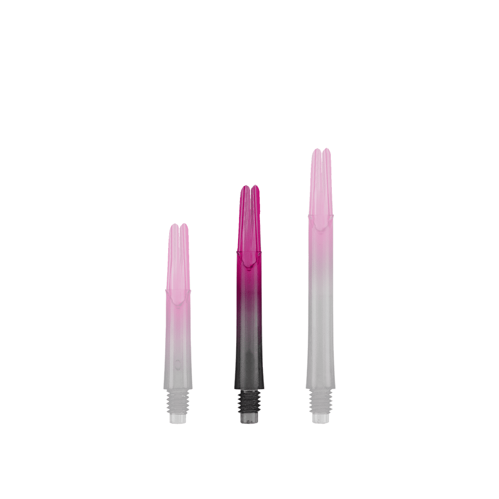 L-L-Style-Shaft Vergrendeld Recht Natural9 Tweekleurige Shafts - Roze Auf dem Bild sind drei unterschiedlich lange, zweifarbige Dartschäfte zu sehen. Sie sind unten schwarz und gehen nach oben in ein kräftiges Pink über.