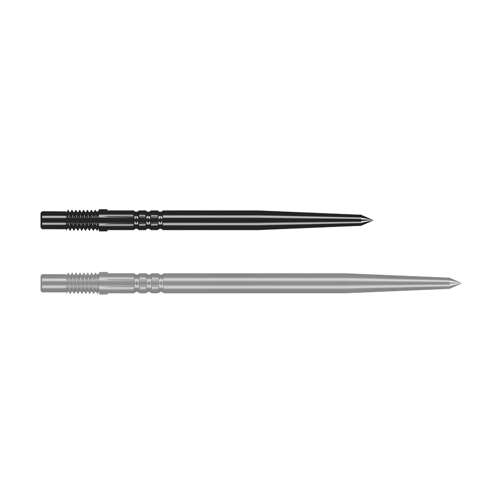 Shot Turbo Point dartpunten - Zwart Das Bild zeigt eine schwarze Dartspitze in Detailaufnahme. Die Spitze ist schlank und stabil.