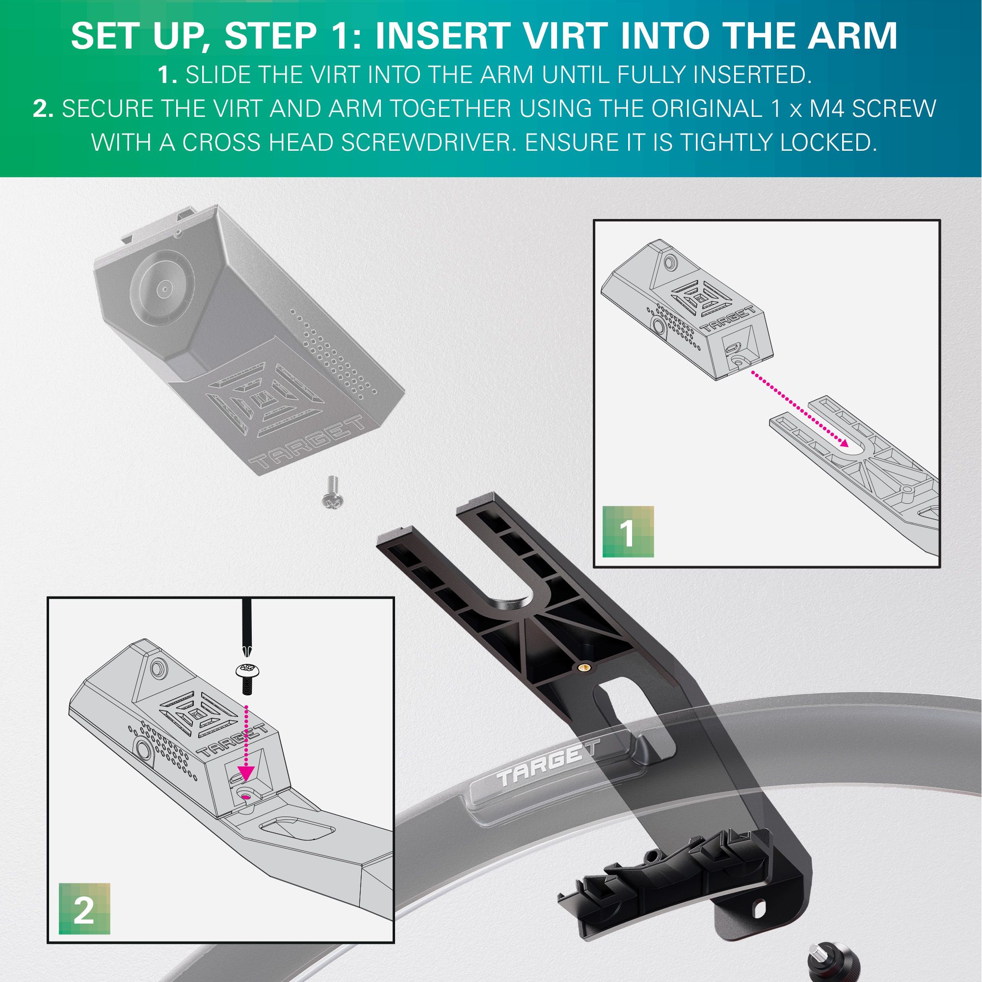 Abgebildet ist der Target OMNI VIRT Kamera Arm. Der Kameraarm dient zur Befestigung und Positionierung einer Kamera für den Dartsport.