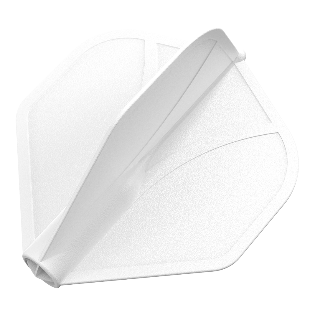 Shot Airfoil Molded No2 Standaard Vluchten Das Bild zeigt eine weiße Dart-Flugfeder in Standardform. Die Oberfläche wirkt strukturiert und leicht glänzend.