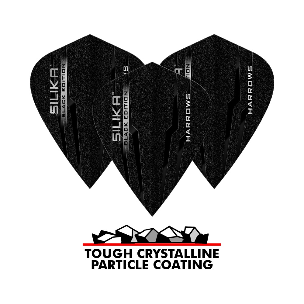 Harrows Silika Black Edition vliegervluchten Das Bild zeigt drei schwarze Harrows Silika Black-Edition Kite Flights mit glänzender Beschriftung. Darunter steht „Tough Crystalline Particle Coating“ mit einer Grafik von Kristallen.
