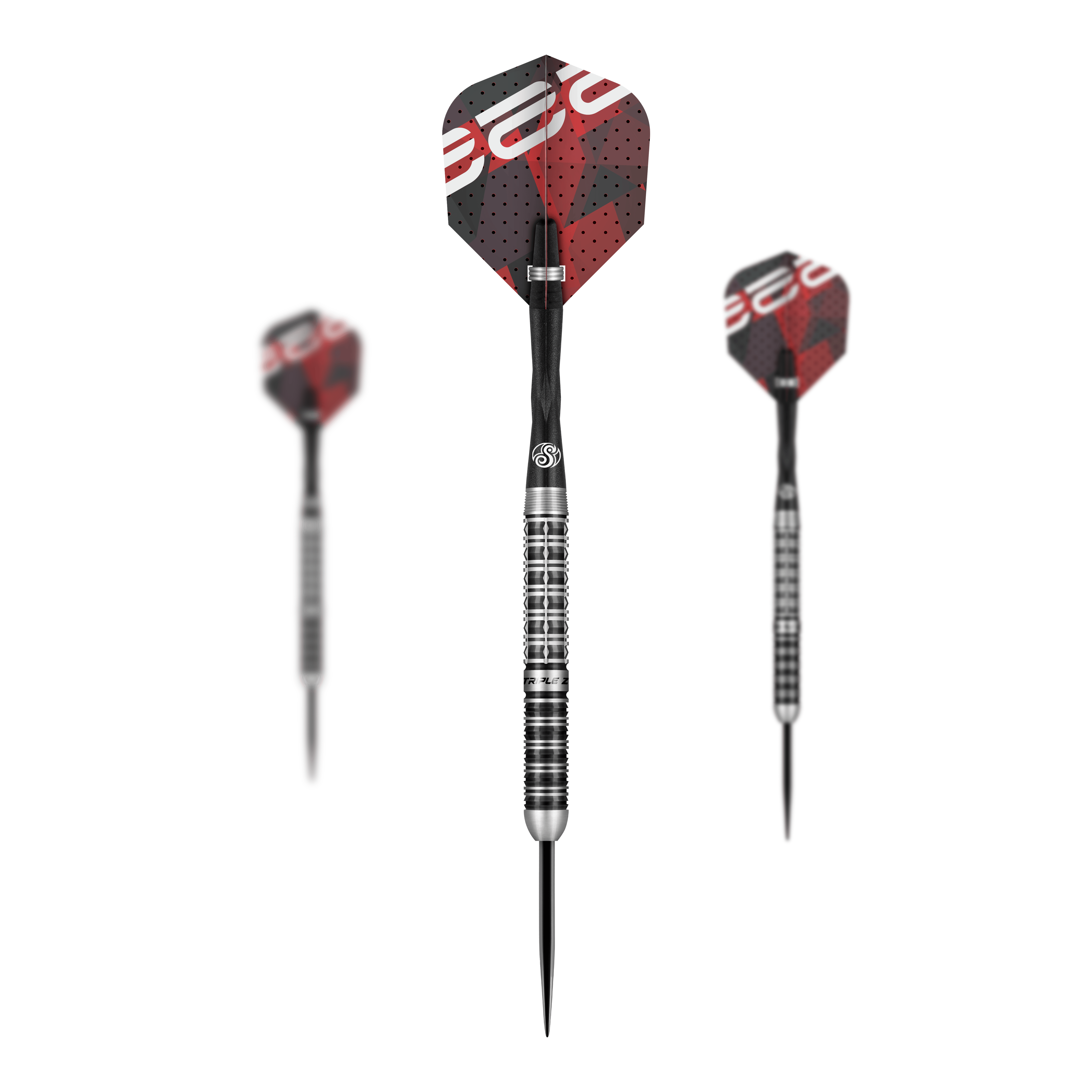 Shot van Niels Zonneveld V2 stalen darts Das Bild zeigt drei Steeldarts des Modells "Shot Niels Zonneveld V2". Die Darts haben silber-schwarze Spitzen und Schäfte sowie rote und schwarze Flights mit Muster.