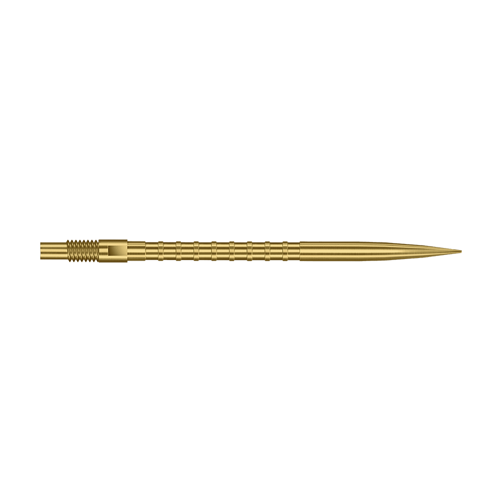 Harrows Quick Point Heavy Metal Dartpunten - Goud Das Foto zeigt eine 40 mm lange Harrows Quick Point Heavy Metal Grip Dartspitze in Gold. Die Spitze hebt den strukturierten Griff hervor.