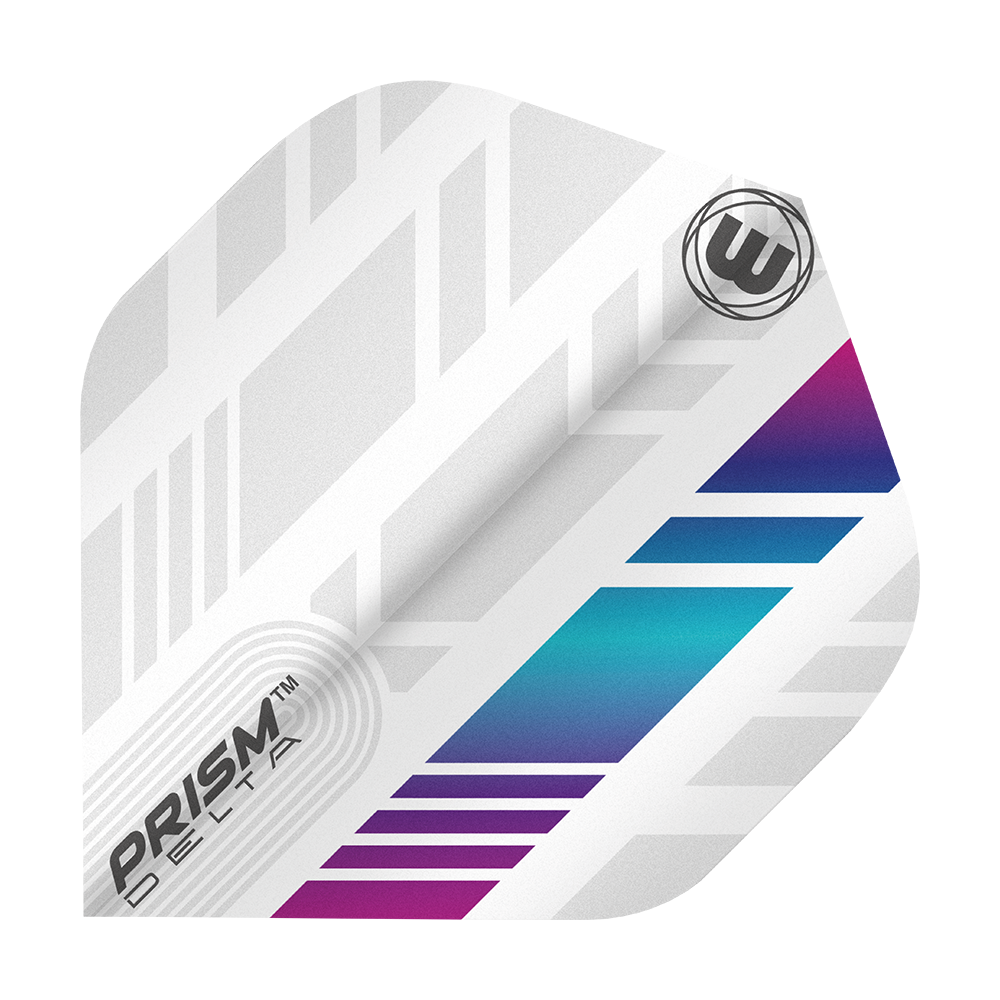 6915-213_Winmau_Prism_Delta_6915-213_Standard_Flights_1lvGL8qAbGYdbY Das Bild zeigt ein Winmau Prism Delta 6915.213 Standard-Flights für Dartpfeile. Das Flight ist überwiegend weiß mit modernen, farbigen Akzenten in Blau und Lila.
