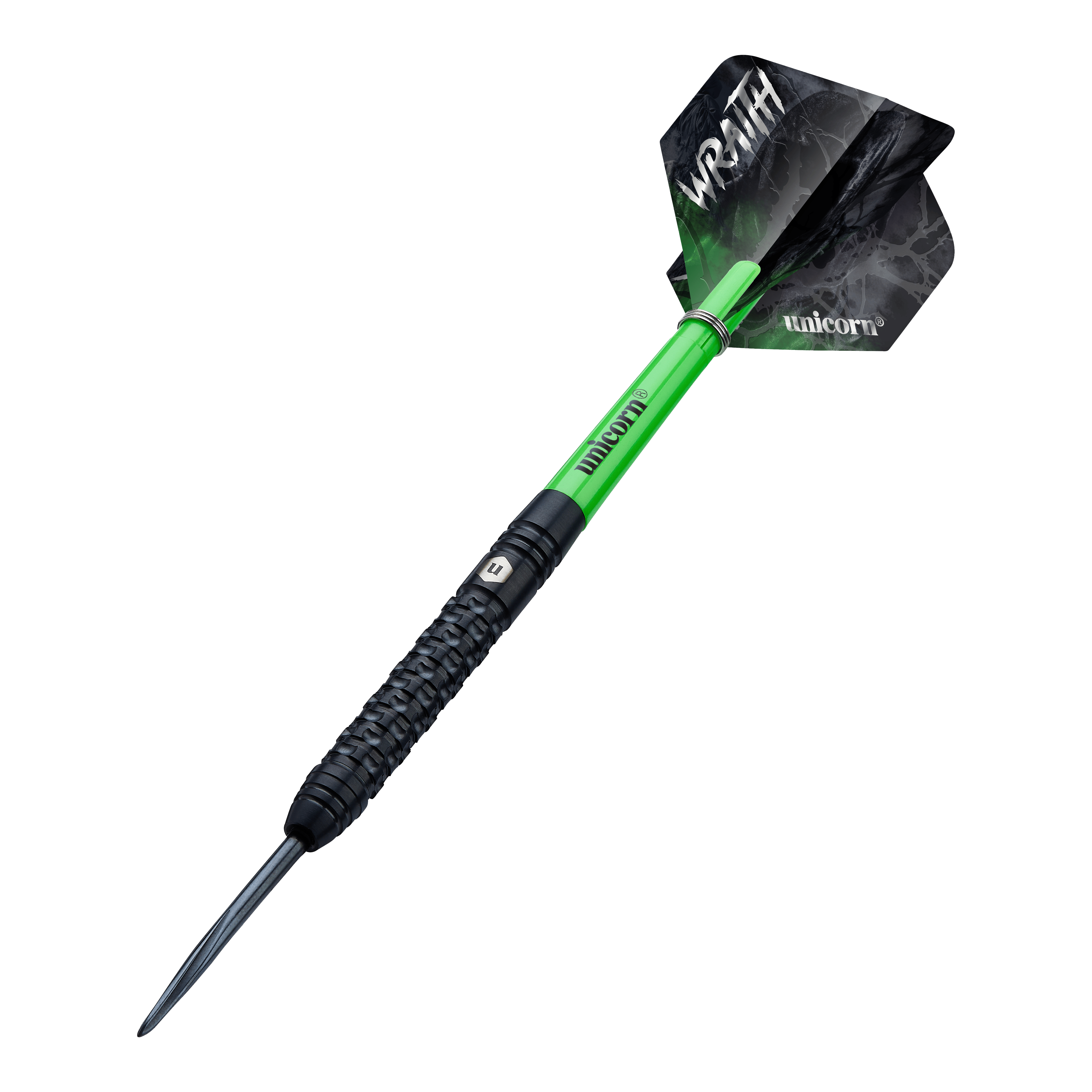 Unicorn Wraith stalen darts Das Bild zeigt einen Unicorn Wraith Steeldart mit einem schwarzen und grünen Design. Auf den Flights stehen die Wörter "WRAITH" und "unicorn".