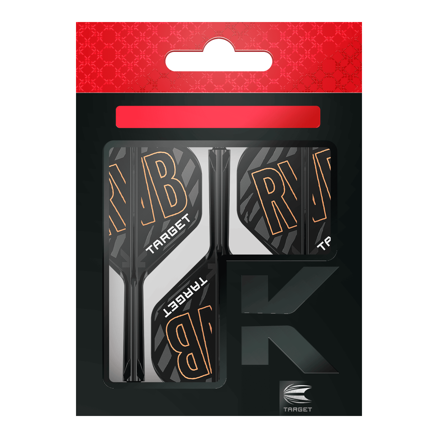 Target K-Flex Raymond Van Barneveld No2 Standard Flight-Shaft-System Auf dem Bild ist eine Verpackung mit Dartflights und -schäften der Marke Target zu sehen. Die Flights tragen die Buchstaben "RVB" und sind schwarz-weiß mit orangener Schrift gestaltet.