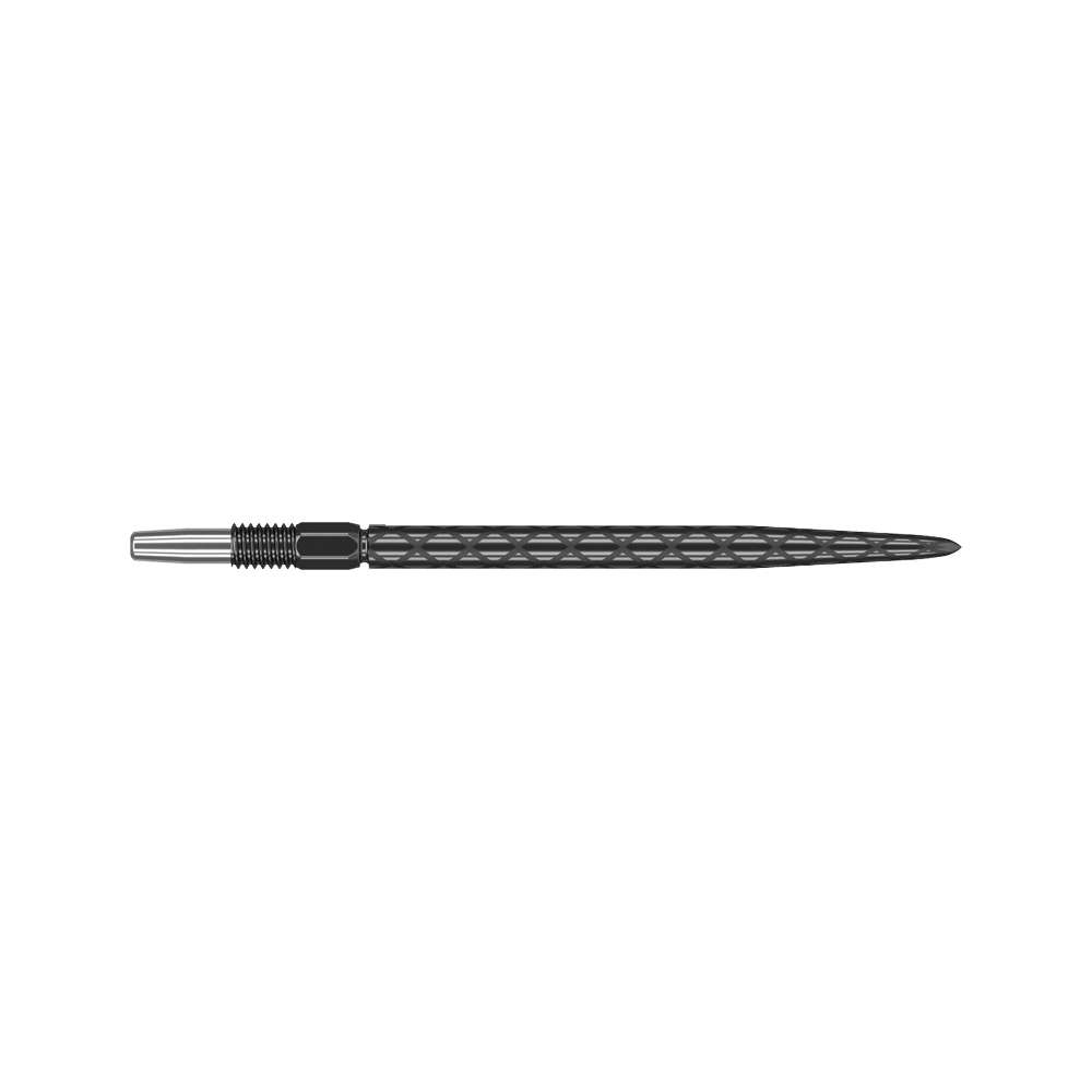 Target Swiss Diamond Pro Black Points dartpunten Das Bild zeigt eine schwarze Dartspitze mit rautenförmiger Struktur. Sie ist lang und schmal mit einem silbernen Gewinde am Ende.