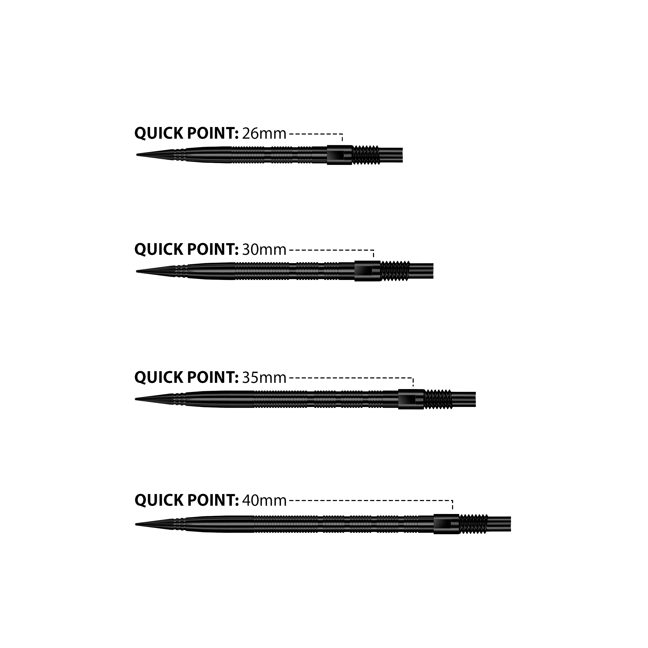 Harrows Quick Point Micro Ridge Dart Tips - Zwart Das Bild zeigt Harrows Quick Point Micro Ridge Dartspitzen in Schwarz. Die Dartspitzen sind schlank und für präzises Werfen geeignet.