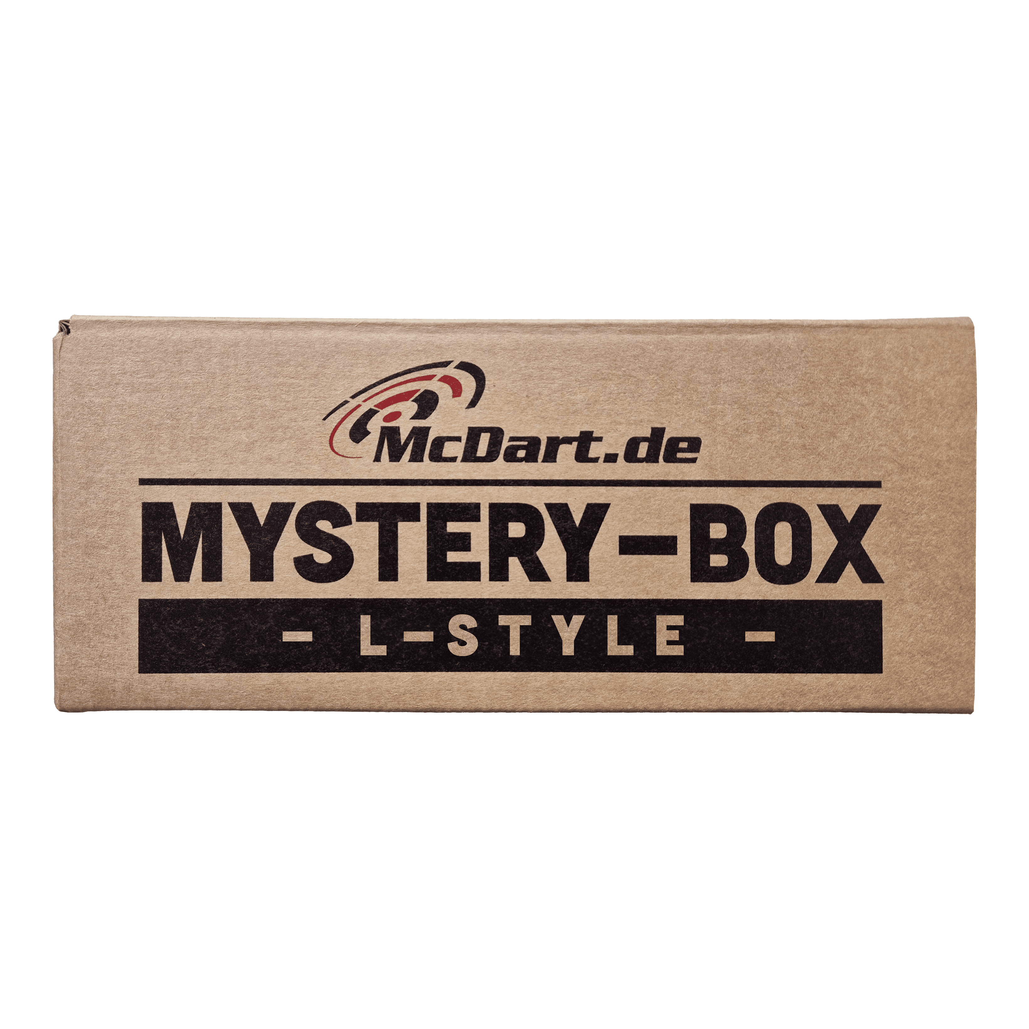 McDart Mystery Box - L-stijl Auf dem Bild ist eine braune Box mit der Aufschrift "McDart.de Mystery-Box - L-Style -" zu sehen. Die Box sieht verschlossen aus und weckt Neugier auf den Inhalt.