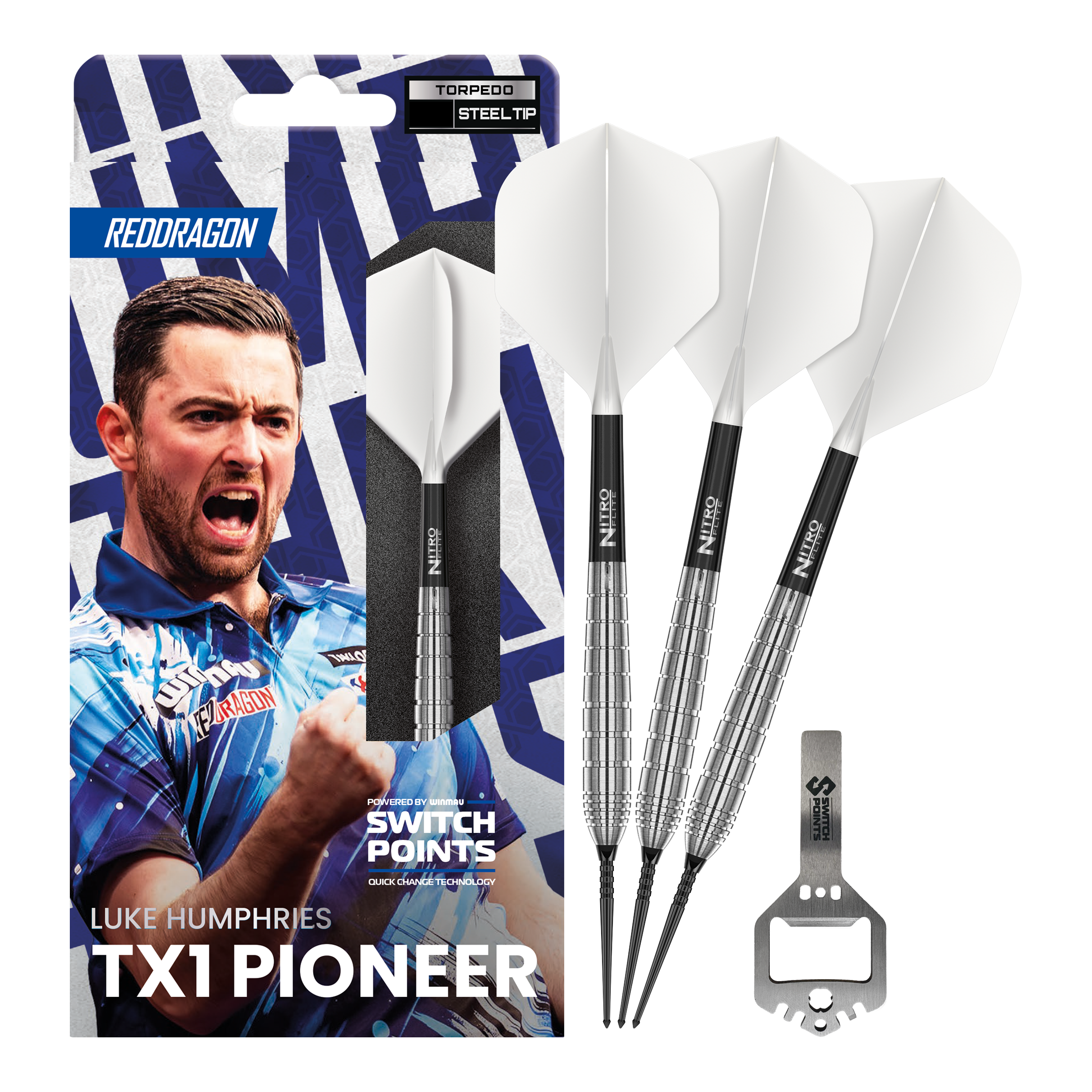 Red Dragon Luke Humphries TX1 Pioneer Switch Point stalen dartpijlen Dieses Bild zeigt die Red Dragon Luke Humphries TX1 Pioneer Switch Point Steeldarts in voller Ansicht. Die Darts sind für Präzision und hohe Leistung bekannt.